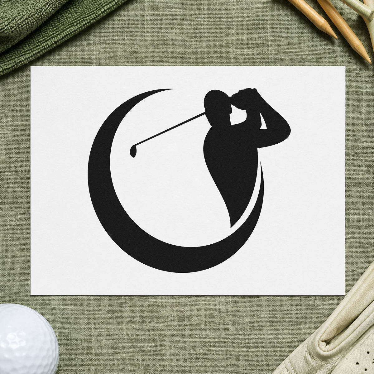 Golfer Crescent Circle Silhouette craft stamp in black ink on cardstock, an easy option for video album page.