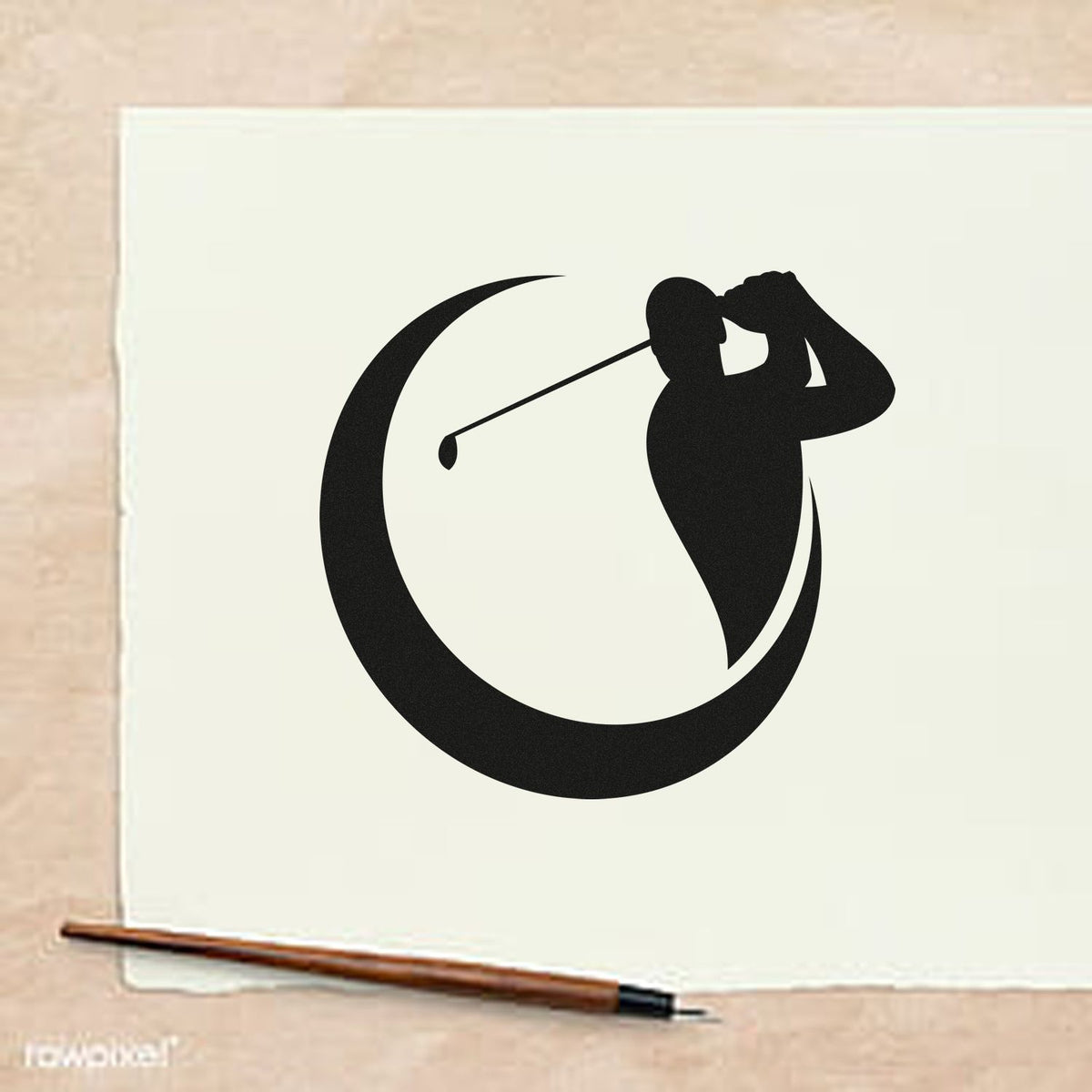 Black golfer silhouette circular stamp seal on white paper, with a brown pen on beige background.