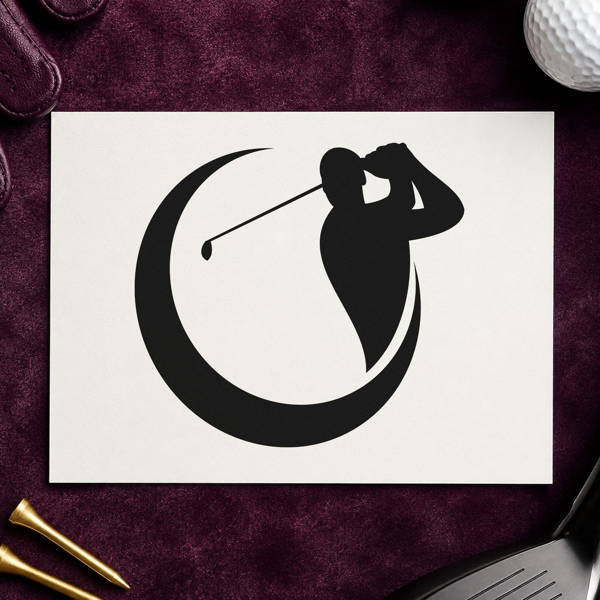Golfer Crescent Circle Silhouette craft stamp imprint in black ink on a handmade project, one idea being session clip tags.
