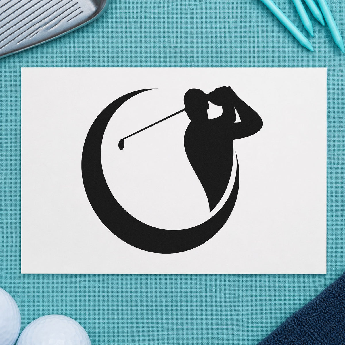 Golfer Crescent Circle Silhouette rubber stamp printed in black ink, ready for review note sheet and similar paper crafts.