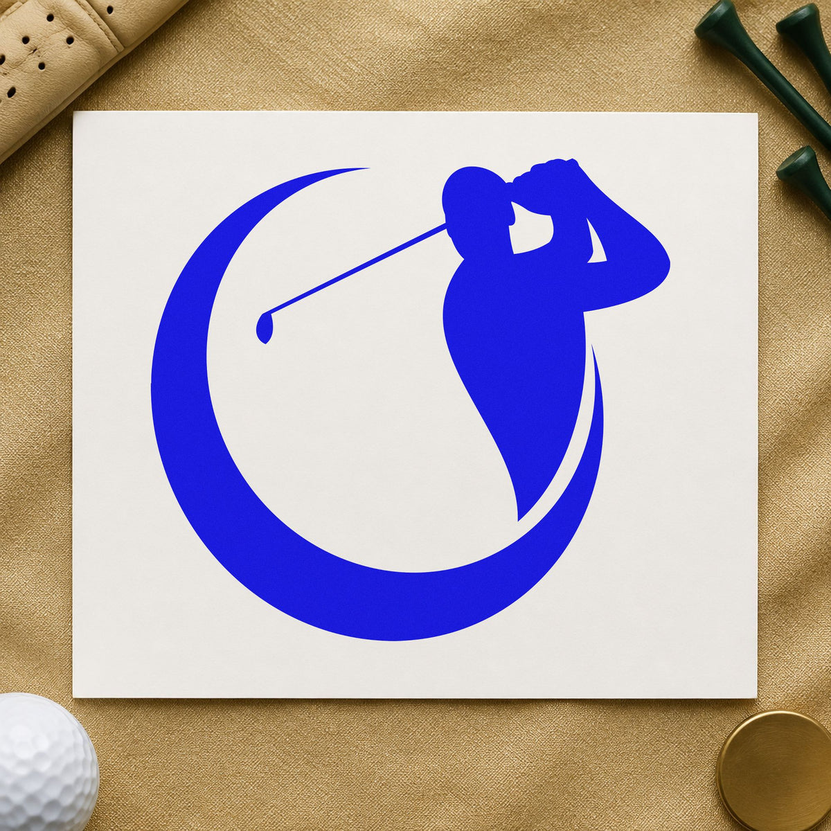 Golfer Crescent Circle Silhouette craft stamp in blue ink on cardstock, an easy option for screen cover printing.
