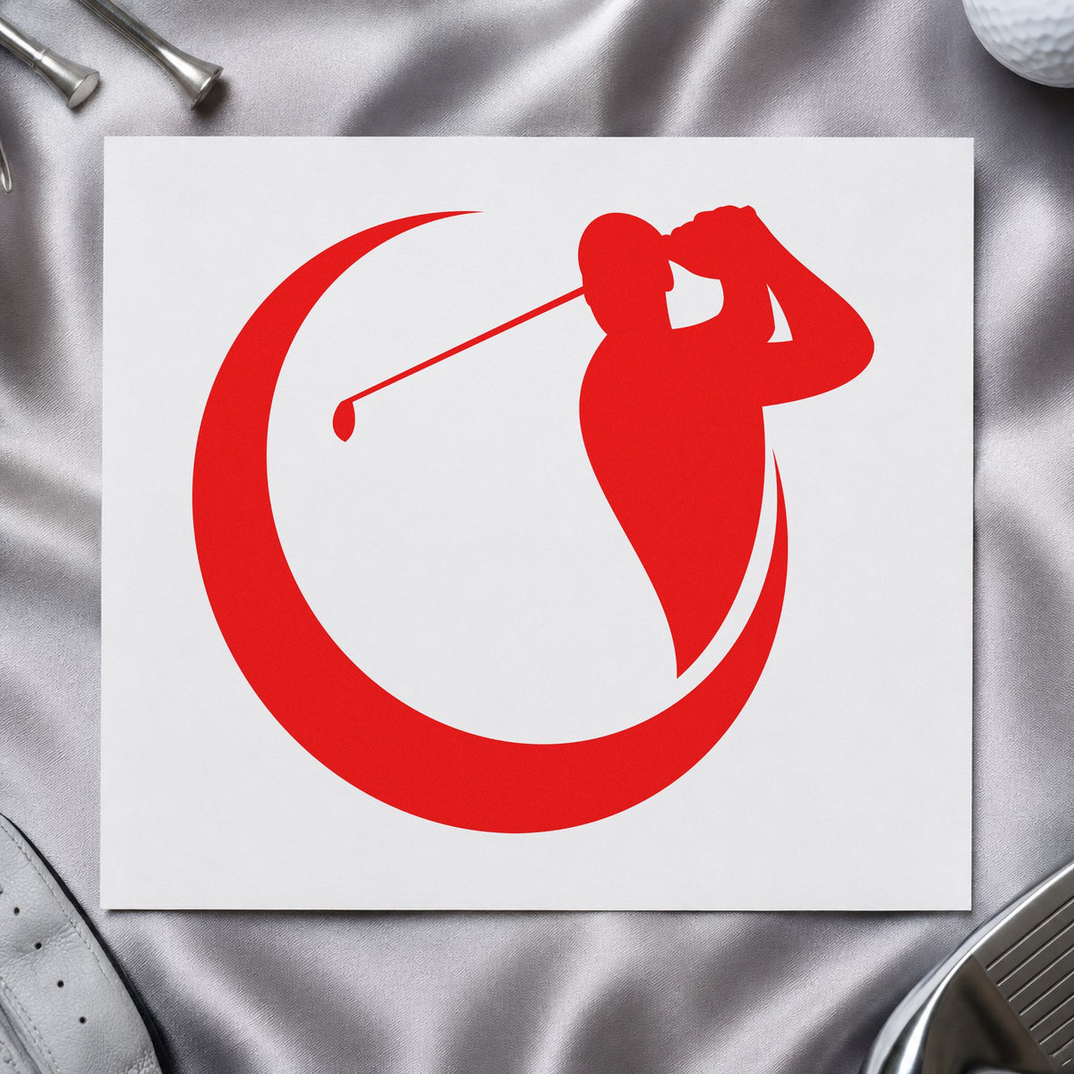Golfer Crescent Circle Silhouette rubber stamp shown in red ink, stamped for projects such as bin camera labels.