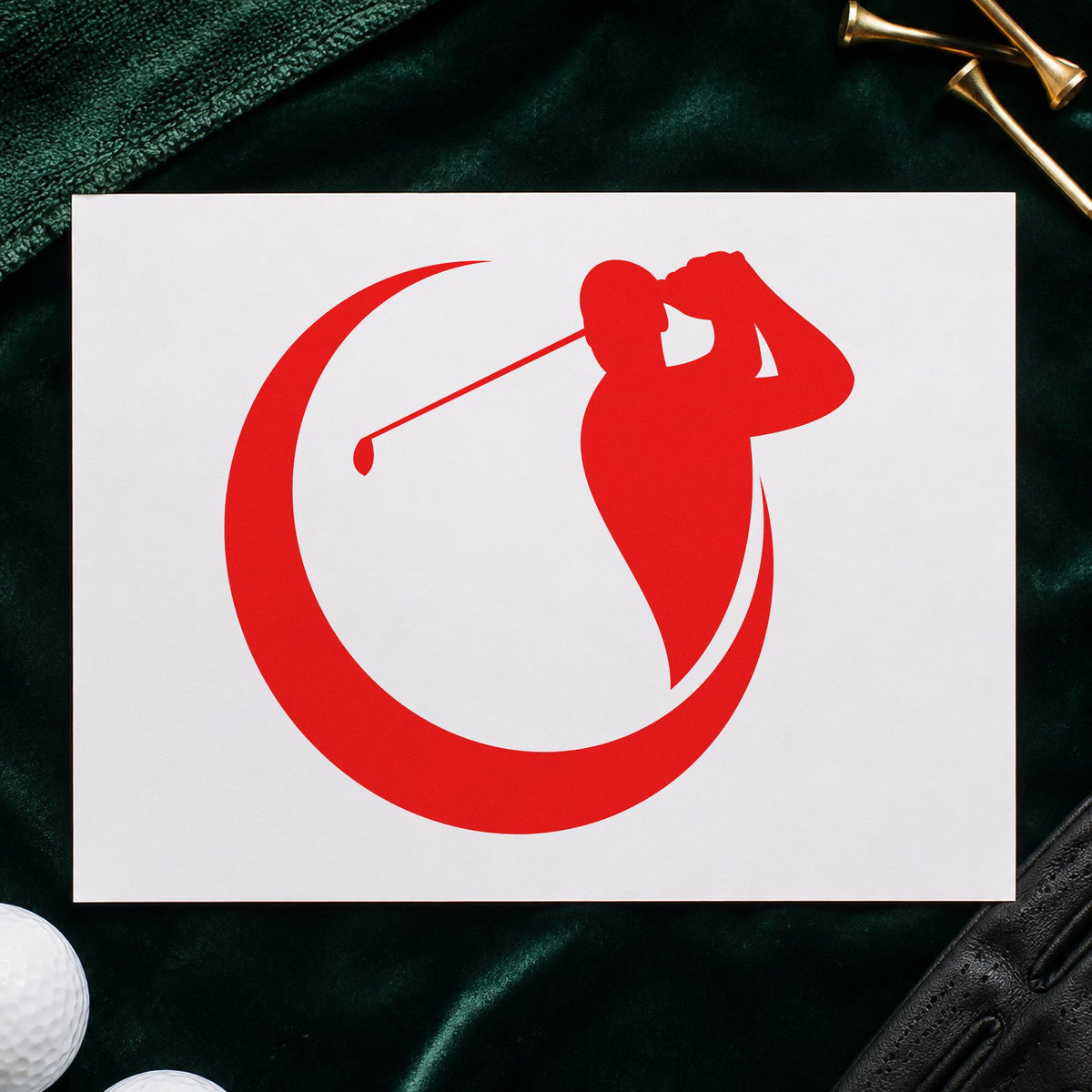 Golfer Crescent Circle Silhouette craft stamp imprint in red ink on a handmade project, one idea being change note cards.