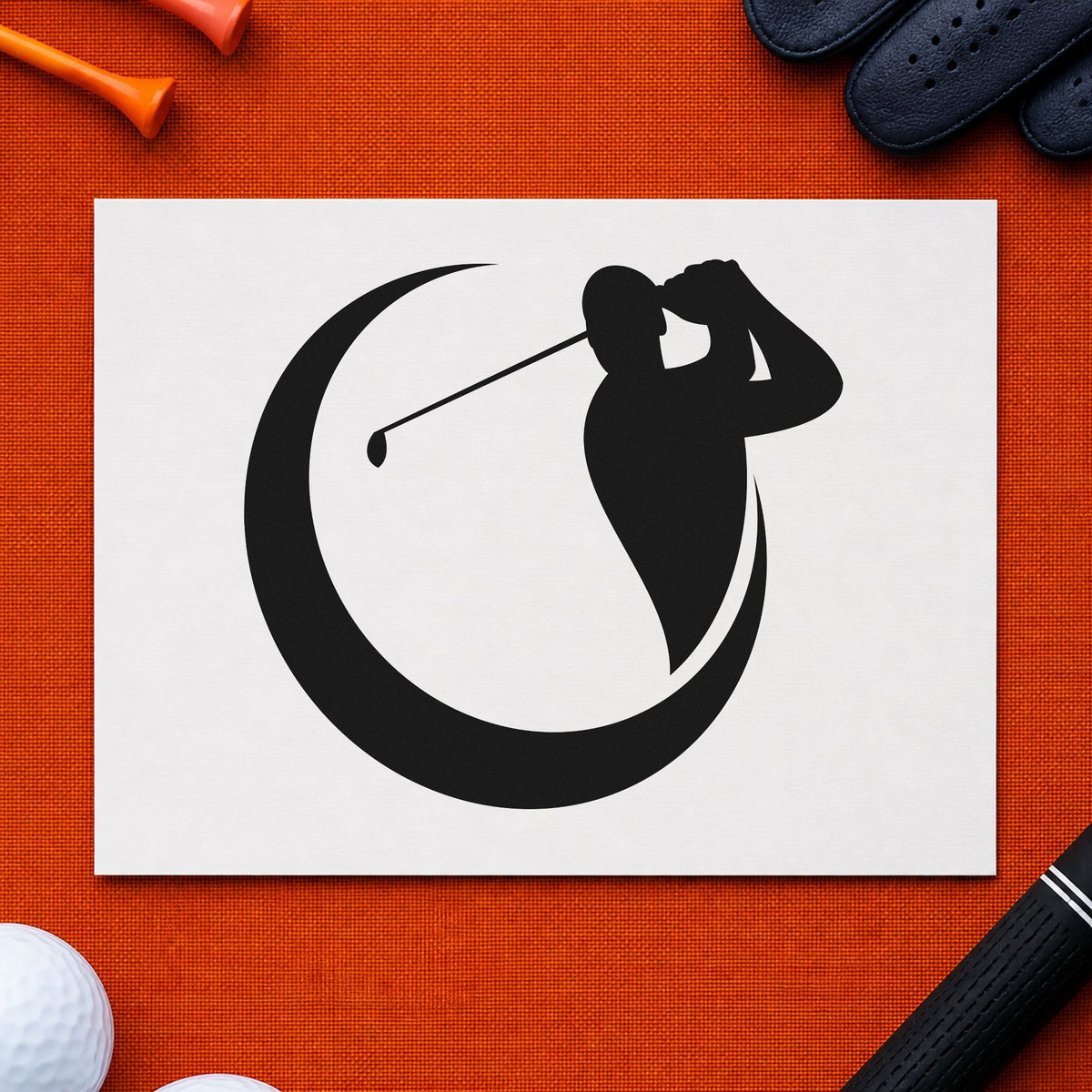 Golfer Crescent Circle Silhouette rubber stamp printed in black ink, ready for sweeping crescent cards and similar paper crafts.
