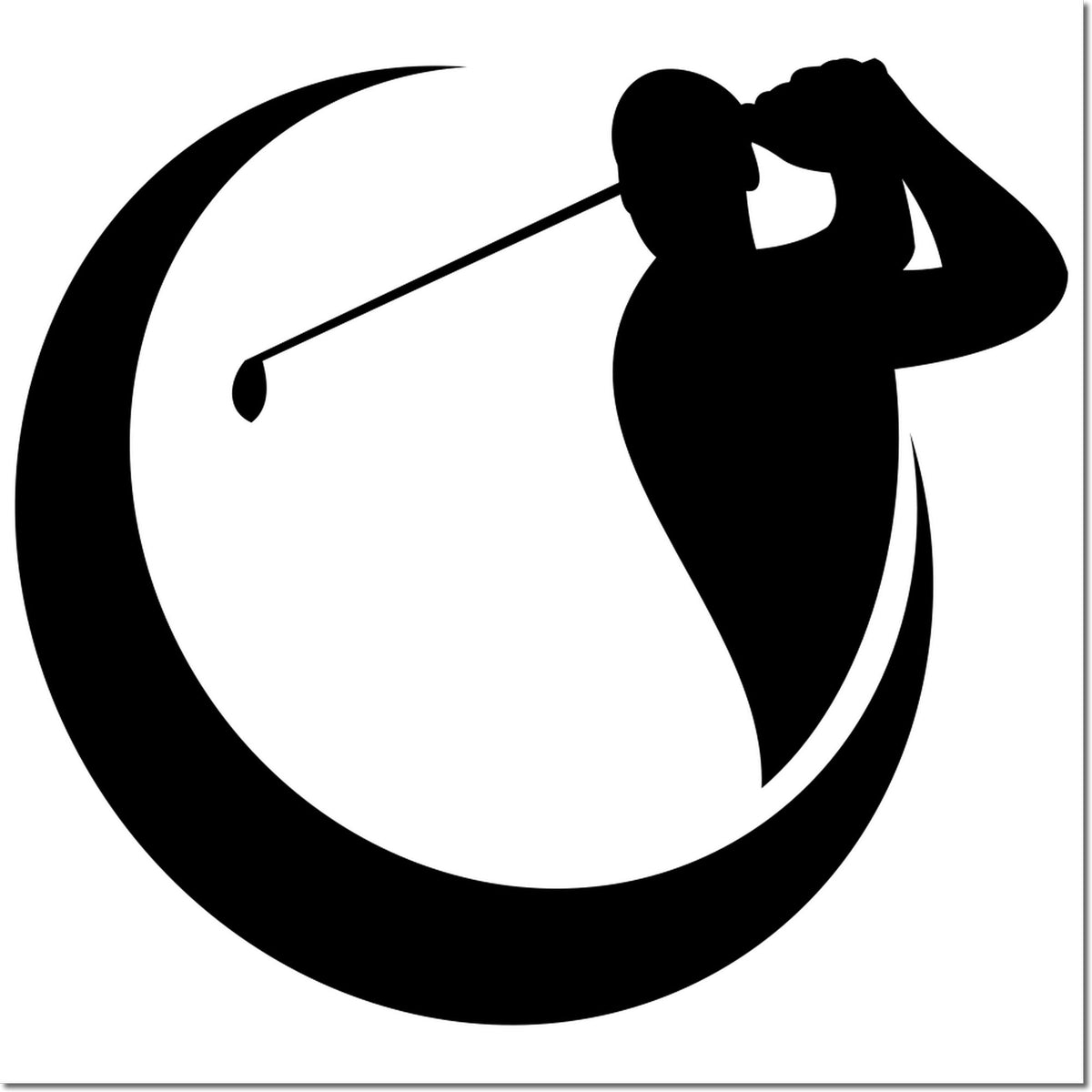 Black stamp seal featuring a golfer silhouette and sweeping circular logo in black on a white background.