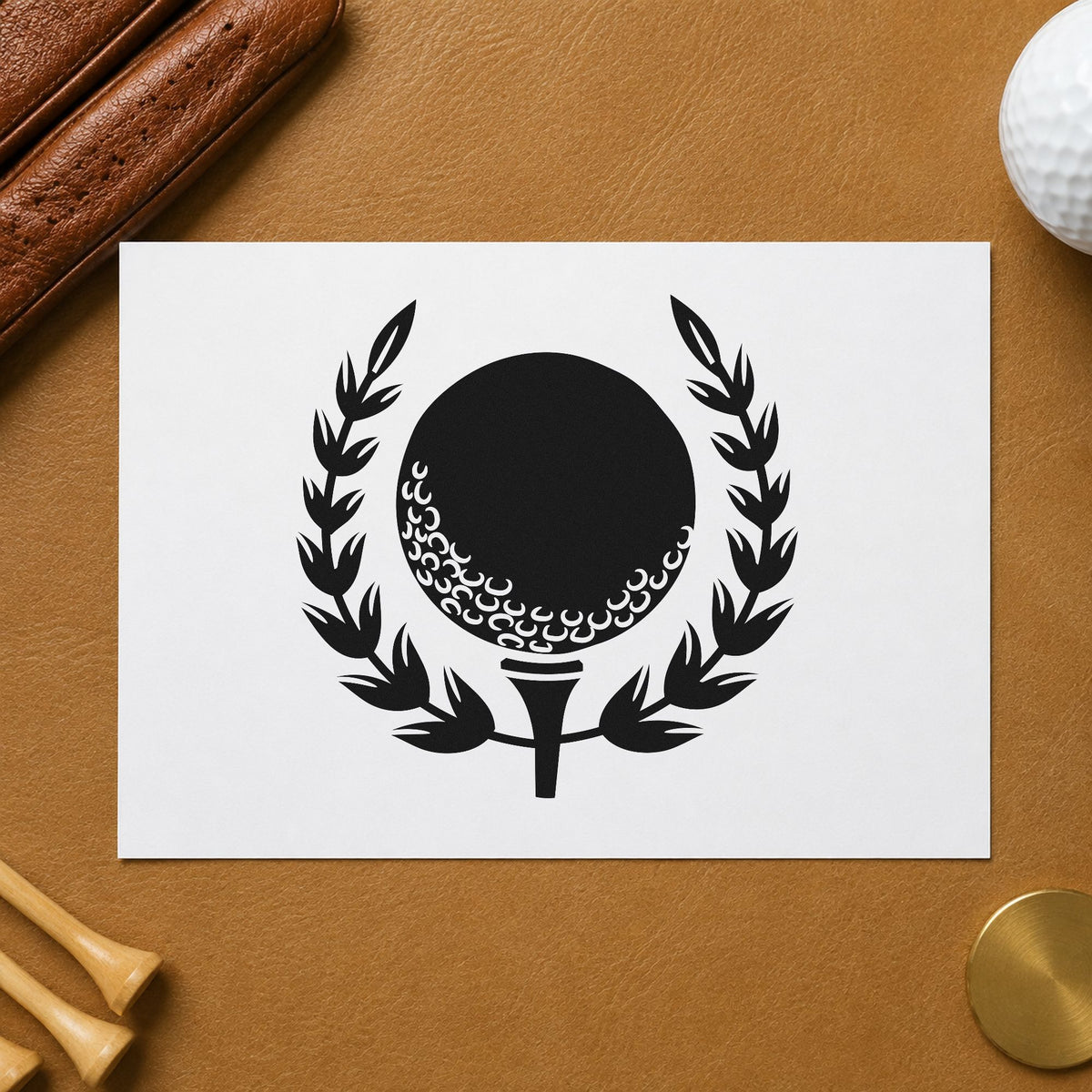 Golf Ball Tee Laurel craft stamp imprint in black ink on a handmade project, one idea being prize gift tags.