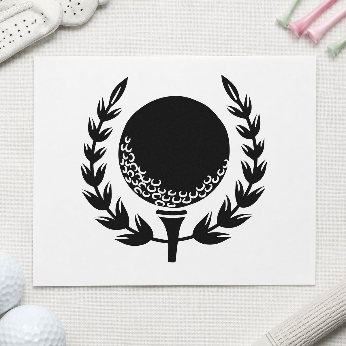 Golf Ball Tee Laurel rubber stamp printed in black ink, ready for flight score sheet and similar paper crafts.