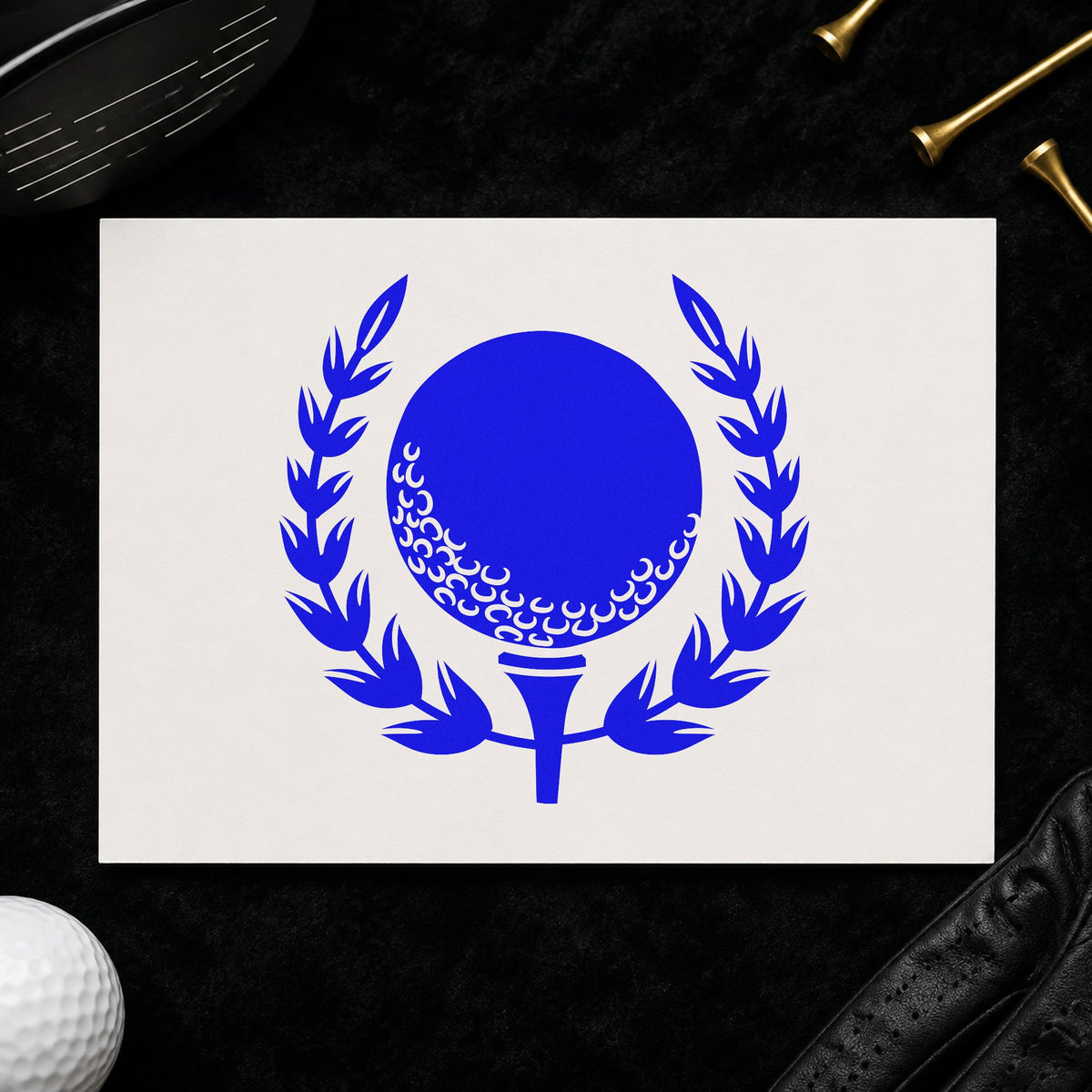 Golf Ball Tee Laurel craft stamp in blue ink on cardstock, an easy option for bag tag printing.