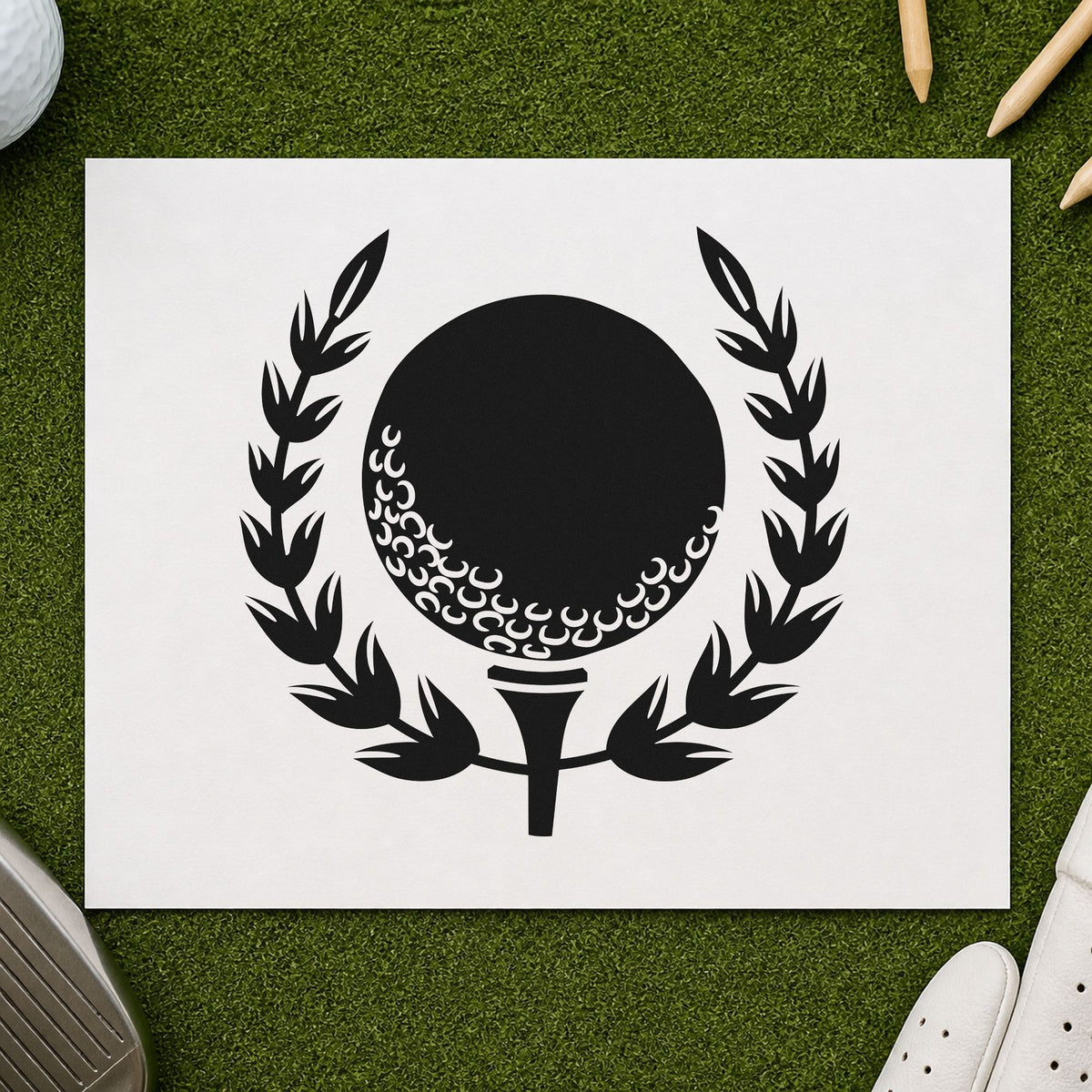 Golf Ball Tee Laurel rubber stamp printed in black ink, ready for shaded ball cards and similar paper crafts.