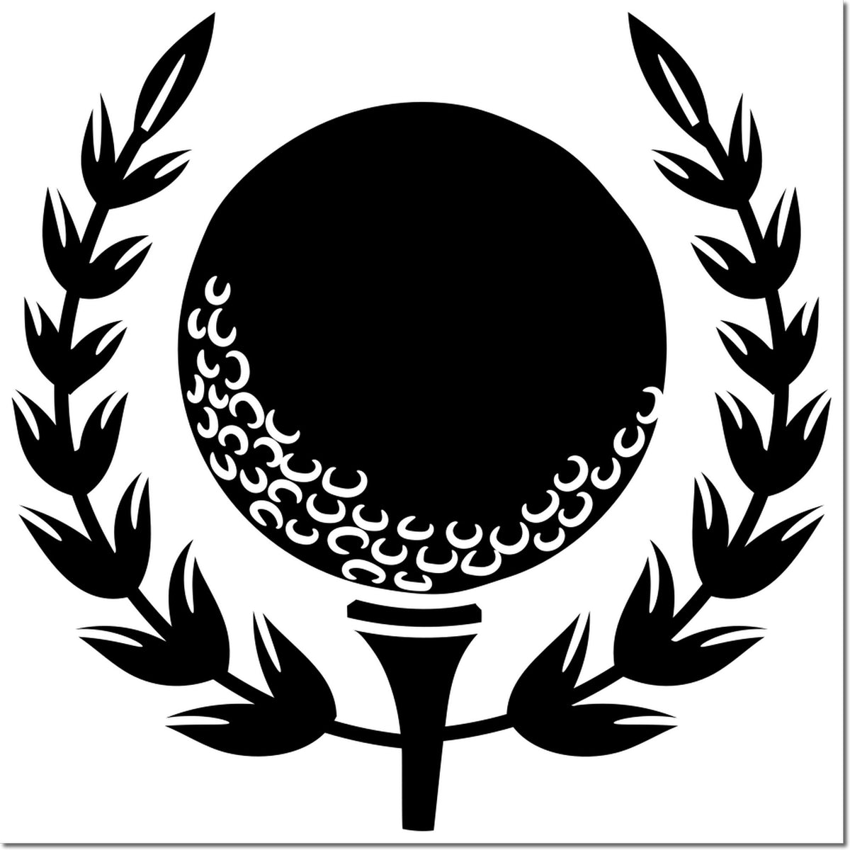 Black circular stamp seal with laurel branches and decorative swirl accents on a white background.
