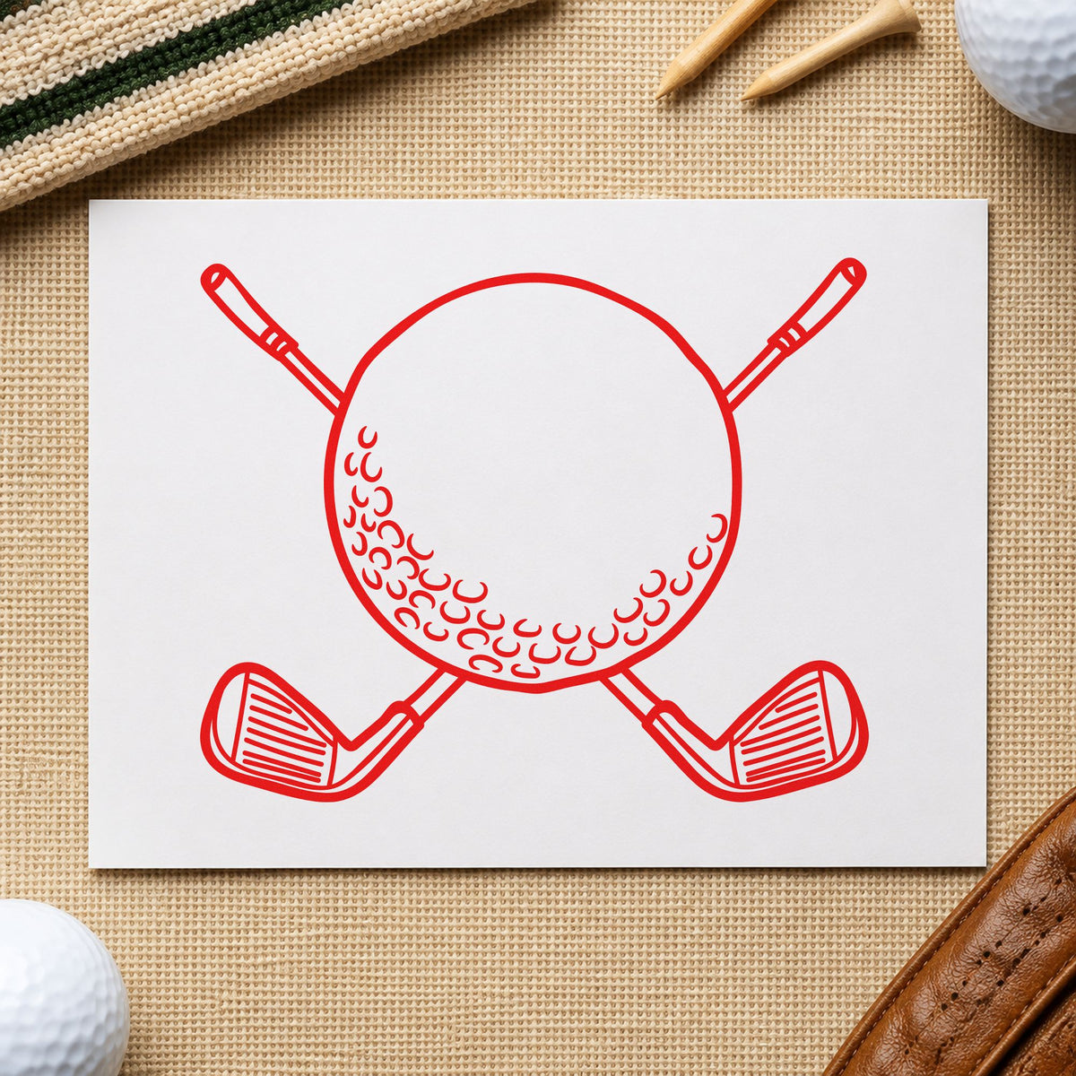 Golf Ball Crossed Clubs rubber stamp shown in red ink, stamped for projects such as rack hire labels.