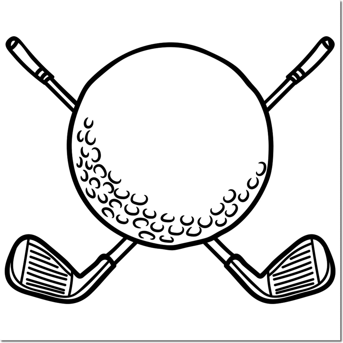 Black golf stamp and seal design with crossed clubs and a stylized golf ball outline
