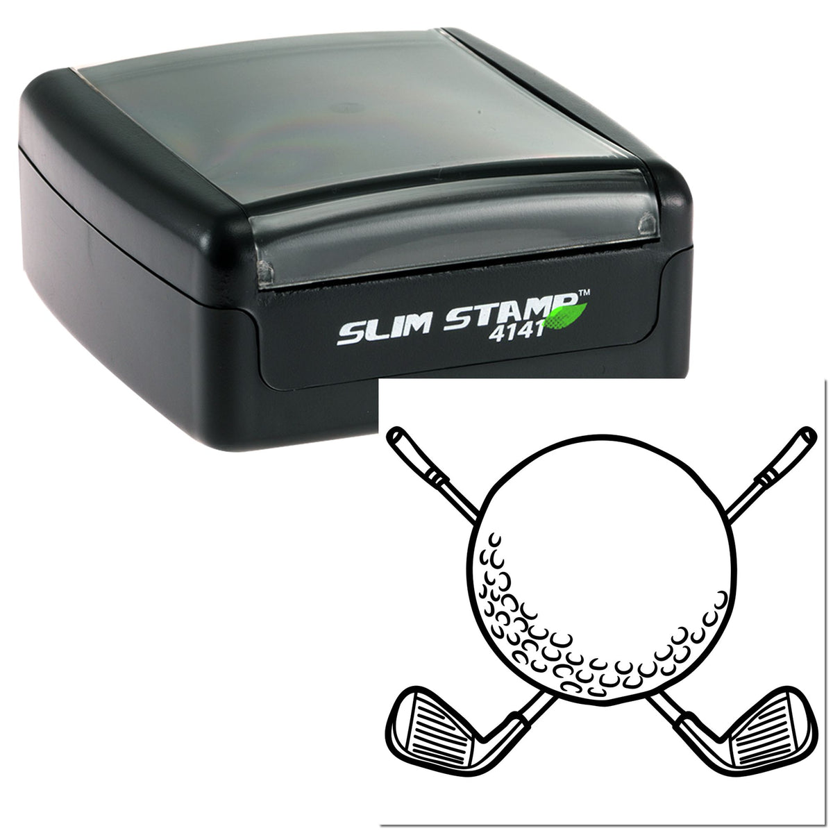 Black slim self-inking stamp and matching golf seal with gray cover, crossed clubs, and ball outline.