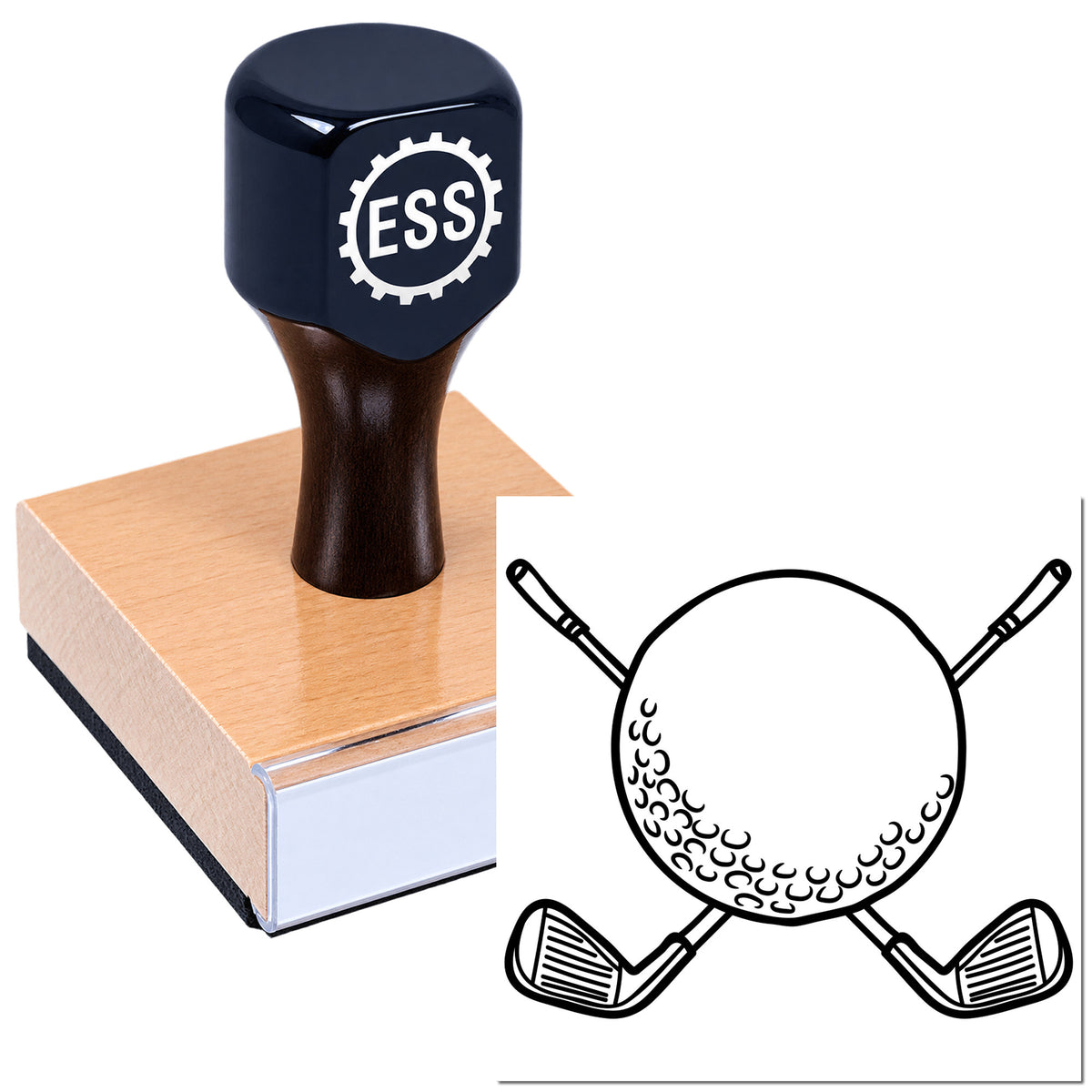 Navy ESSI golf club stamp on wooden block, paired with a golf ball and crossed clubs seal graphic.