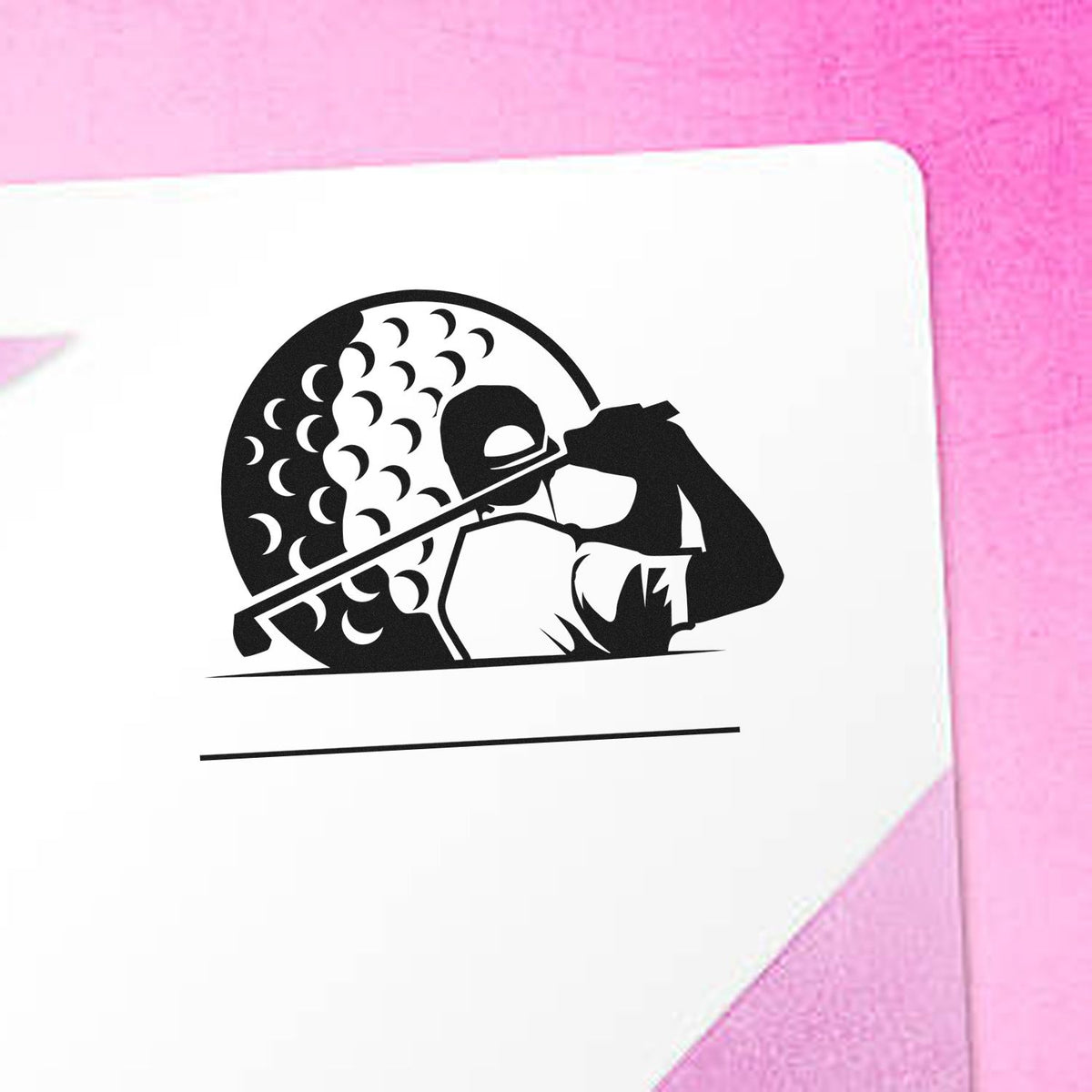 Black baseball batter stamp seal on white card with pink background