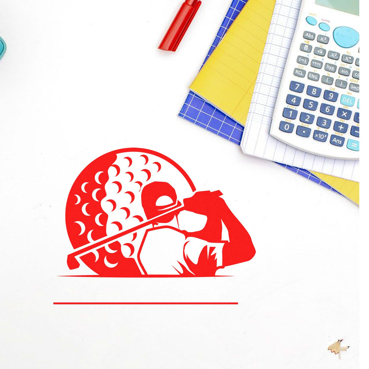 Red cricket player stamp seal on white paper, with calculator and colorful notebooks in the corner.