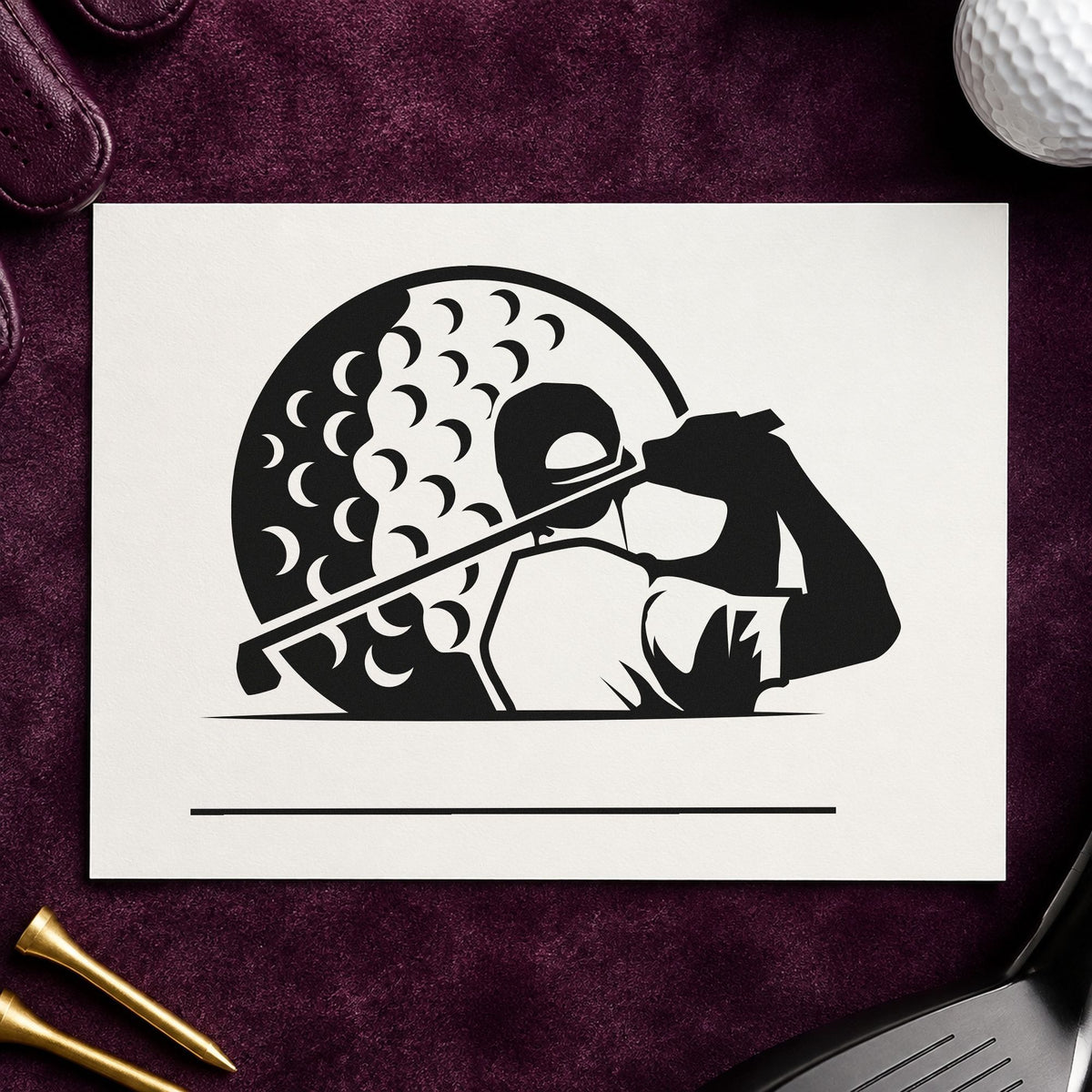 Golfer Ball Blank Lines craft stamp imprint in black ink on a handmade project, one idea being stitched item tags.