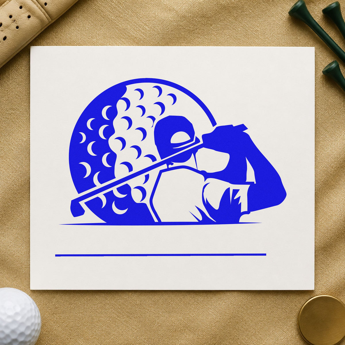 Golfer Ball Blank Lines craft stamp in blue ink on cardstock, an easy option for hoop cloth printing.