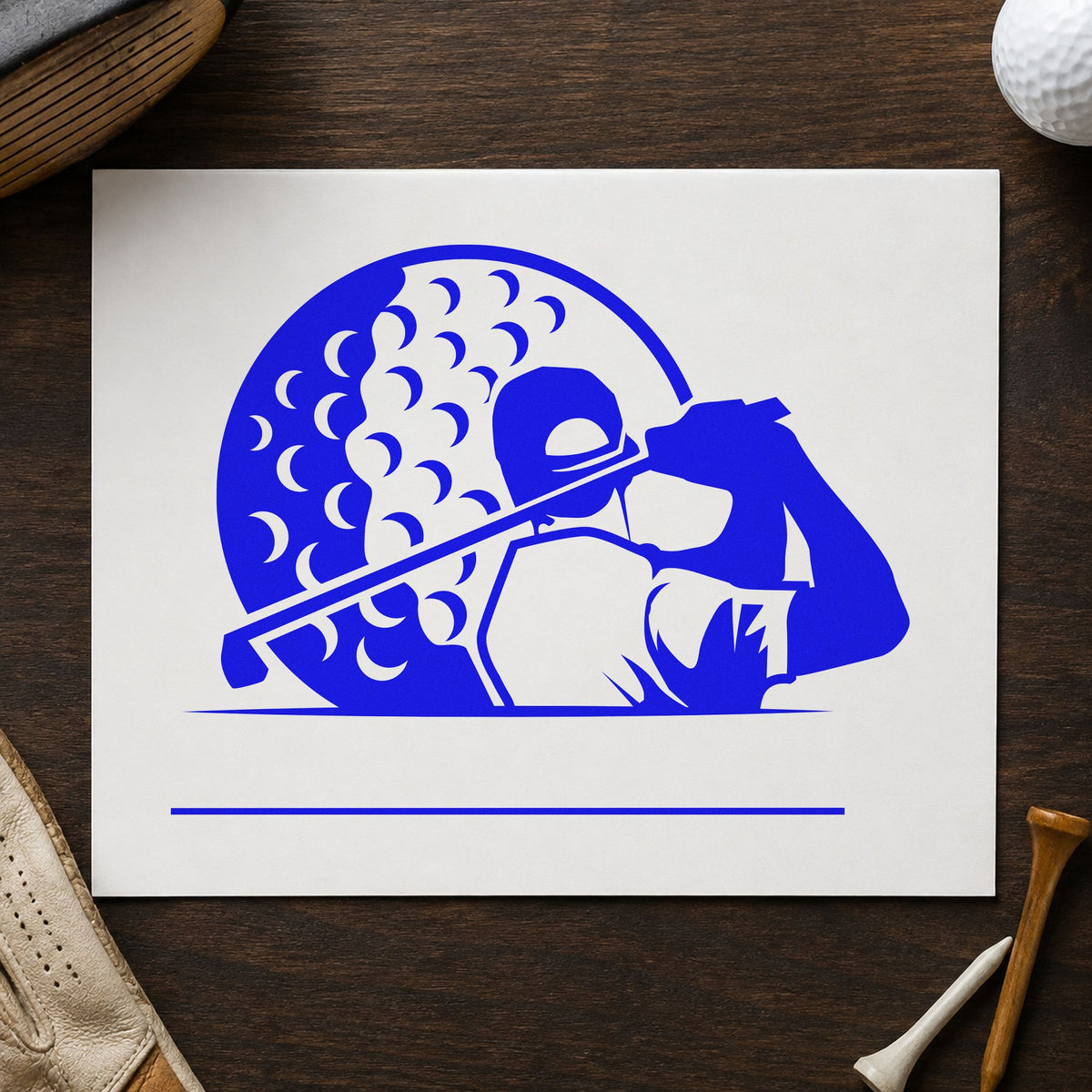 Golfer Ball Blank Lines craft stamp imprinted in blue ink on paper, a design suited to framed stitch bench.