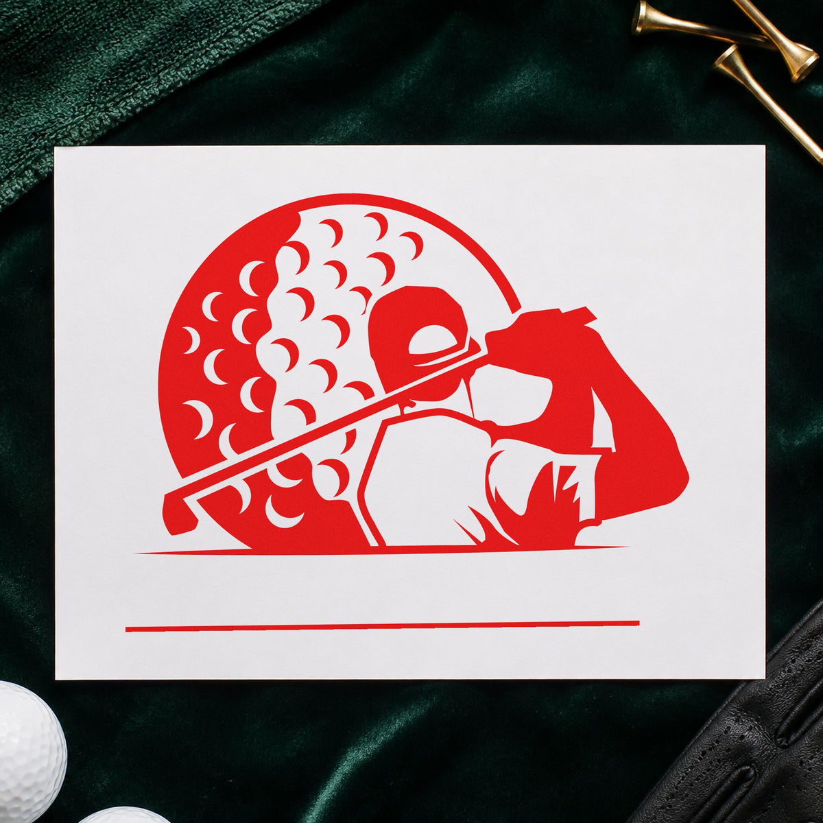 Golfer Ball Blank Lines craft stamp imprint in red ink on a handmade project, one idea being proof note cards.