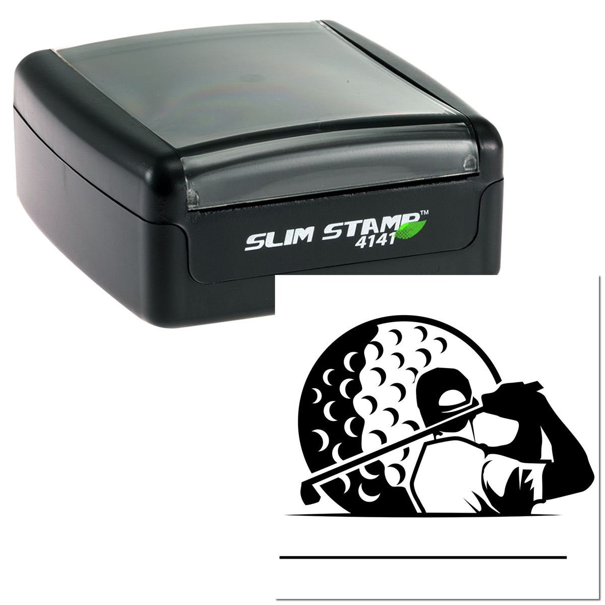 Black Slim Stamp 4141 self-inking stamp with custom seal design on white background.