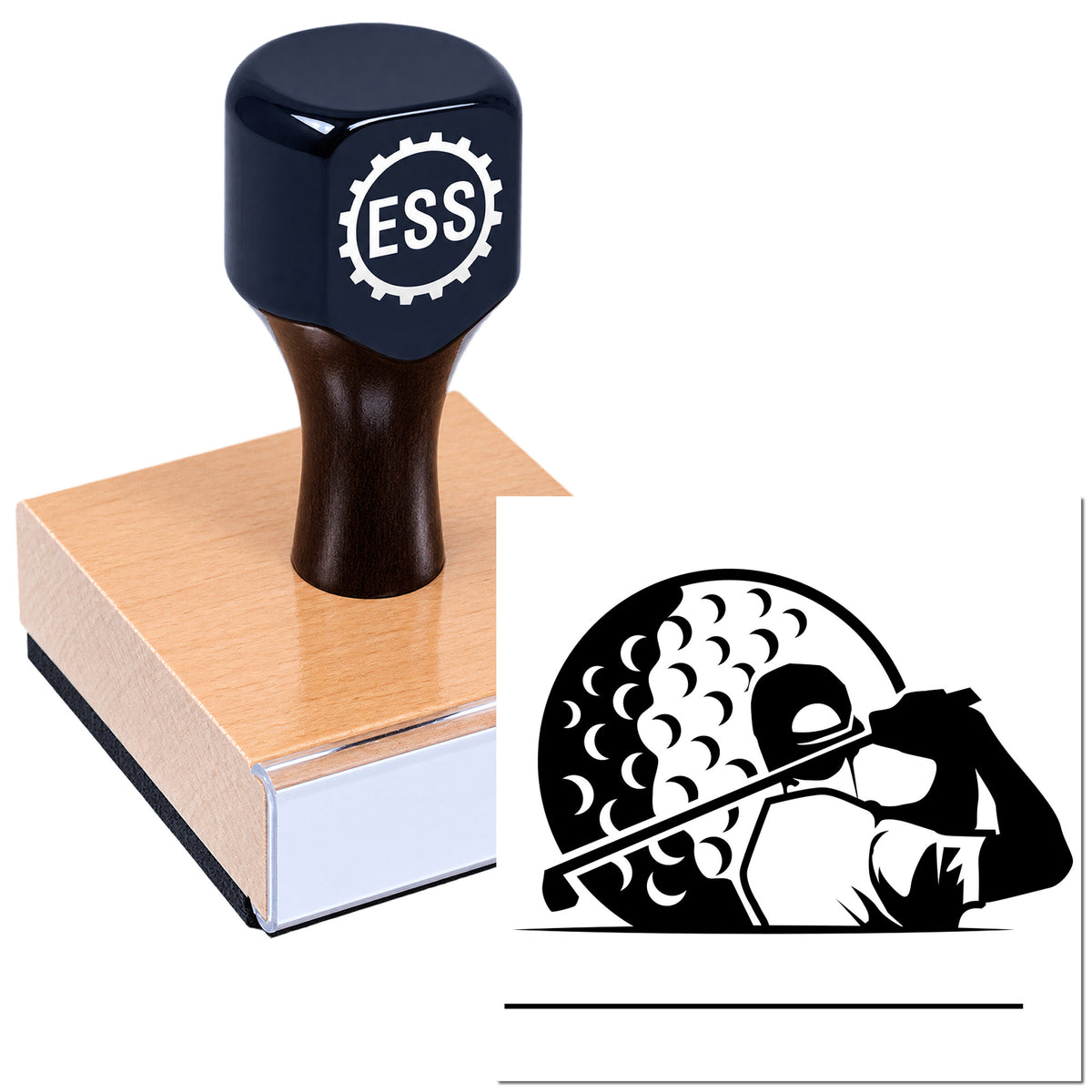 Navy ESS gear seal stamp on a wooden block, with a black circular logo on a white background.