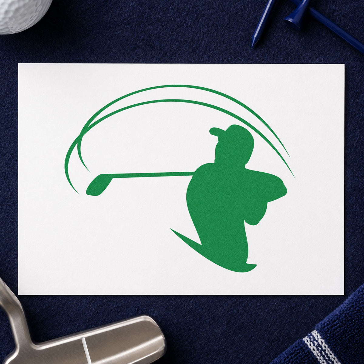 Golfer With Sweeping Arc craft stamp in green ink on cardstock, an easy option for training album page.