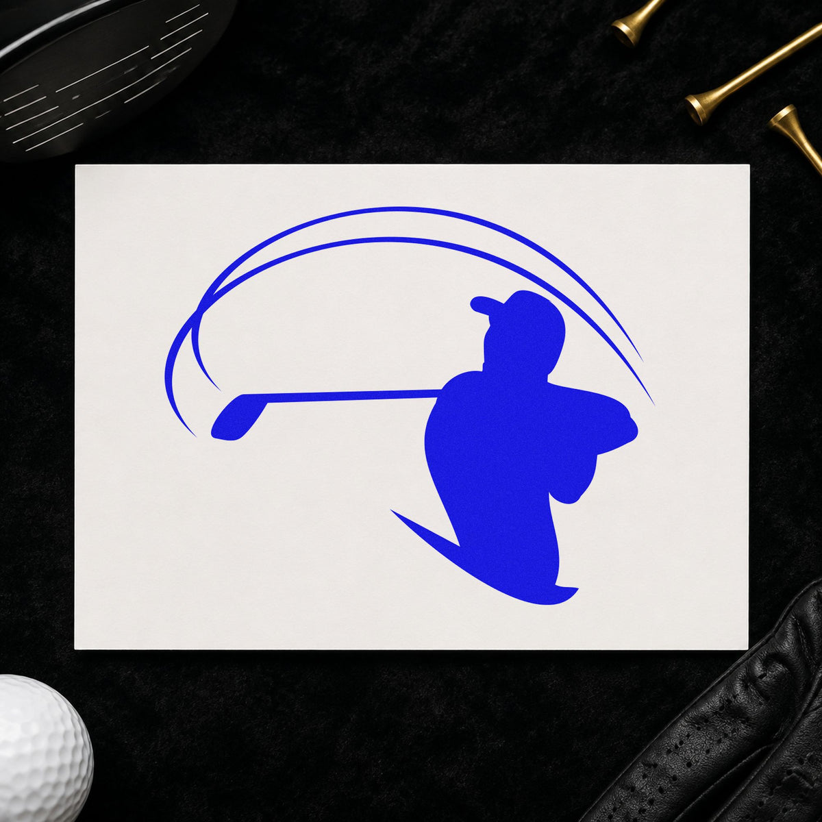 Golfer With Sweeping Arc craft stamp in blue ink on cardstock, an easy option for gym towel printing.