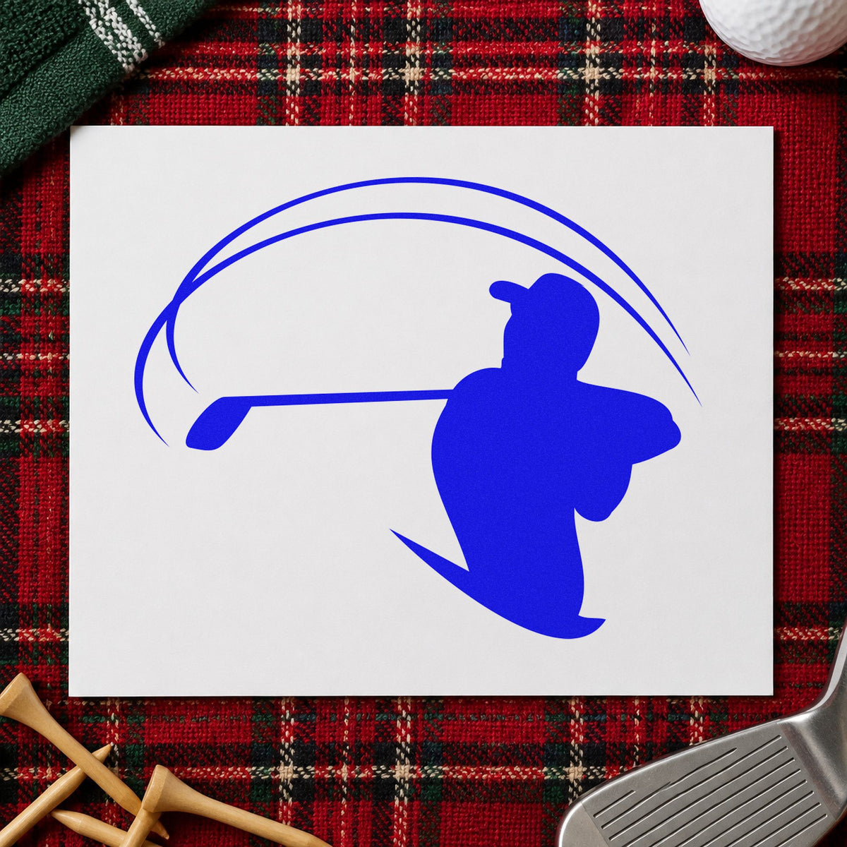 Golfer With Sweeping Arc craft stamp imprinted in blue ink on paper, a design suited to framed gym corner.