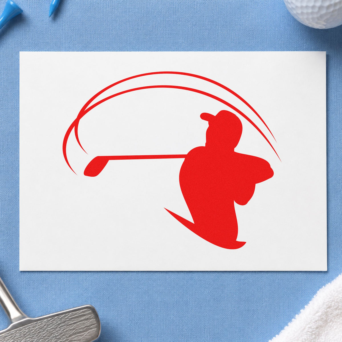 Golfer With Sweeping Arc rubber stamp shown in red ink, stamped for projects such as bin band labels.