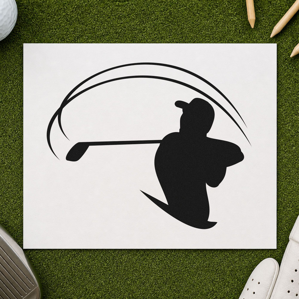 Golfer With Sweeping Arc rubber stamp printed in black ink, ready for curved motion cards and similar paper crafts.