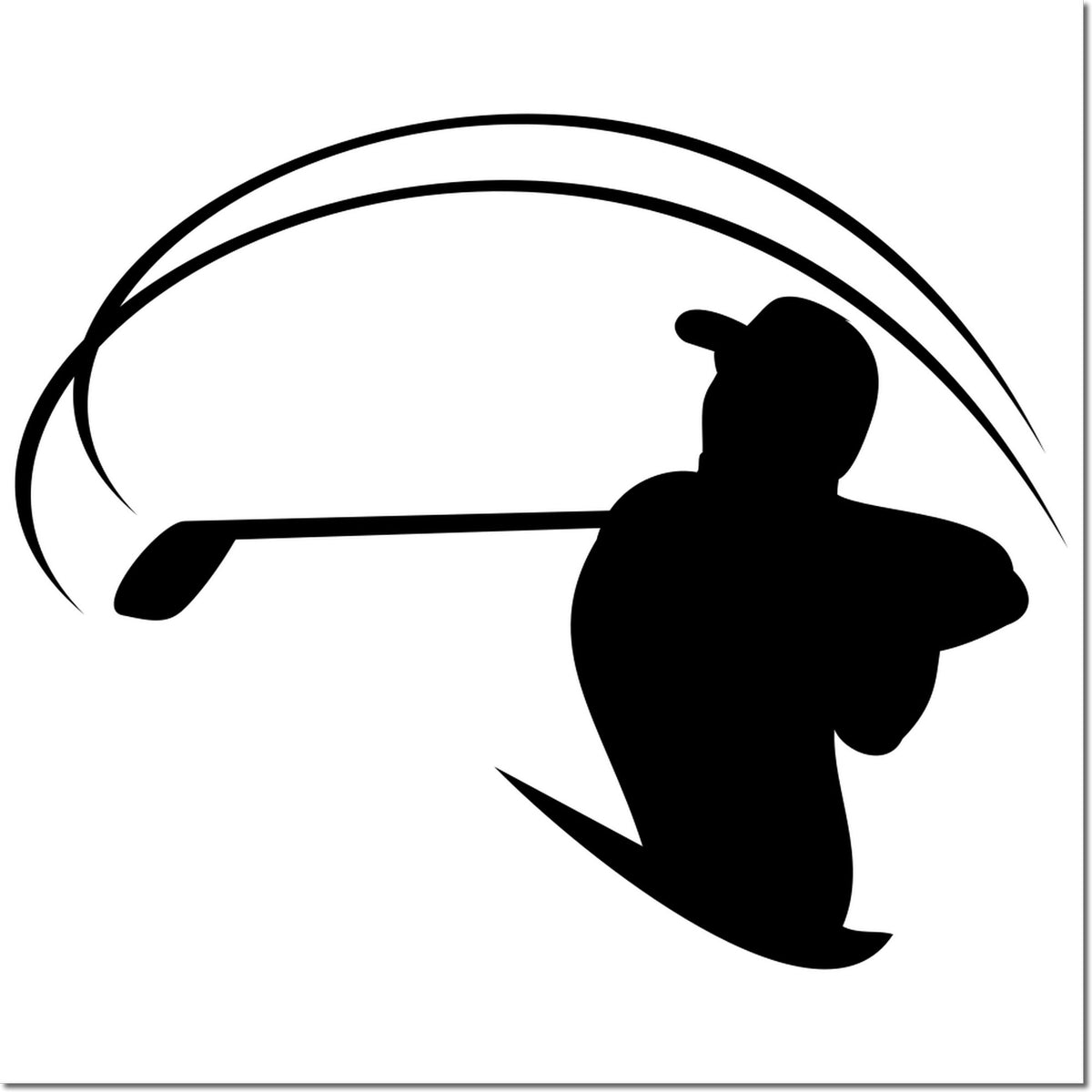 Black golfer silhouette with sweeping arcs, custom stamp and seal design on white background.