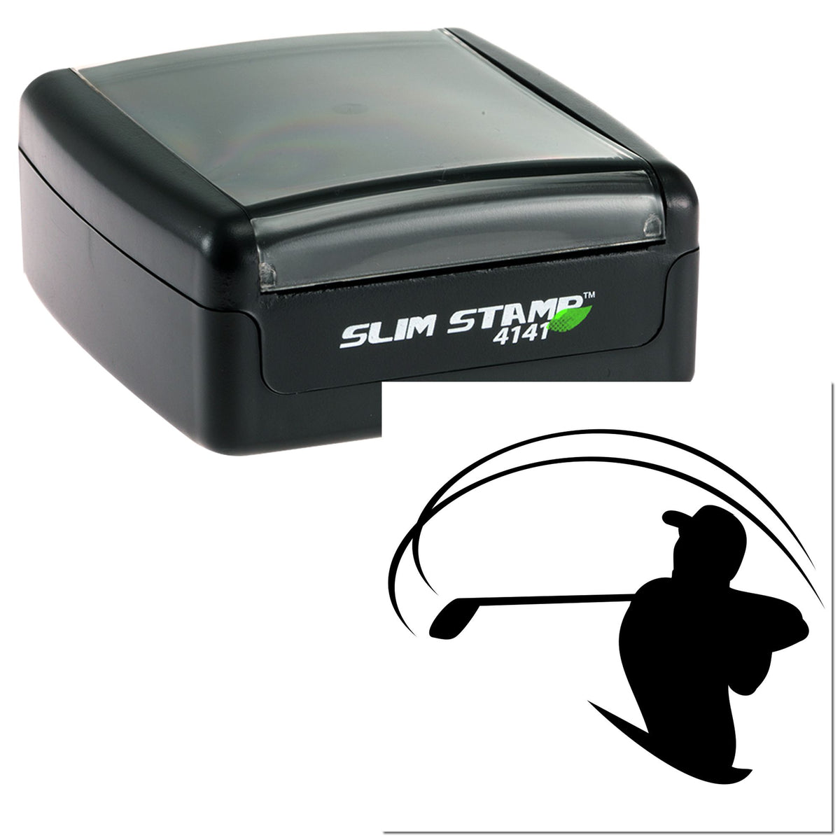 Black Slim Stamp 4141 self-inking seal with translucent gray lid and golfer silhouette logo on white background