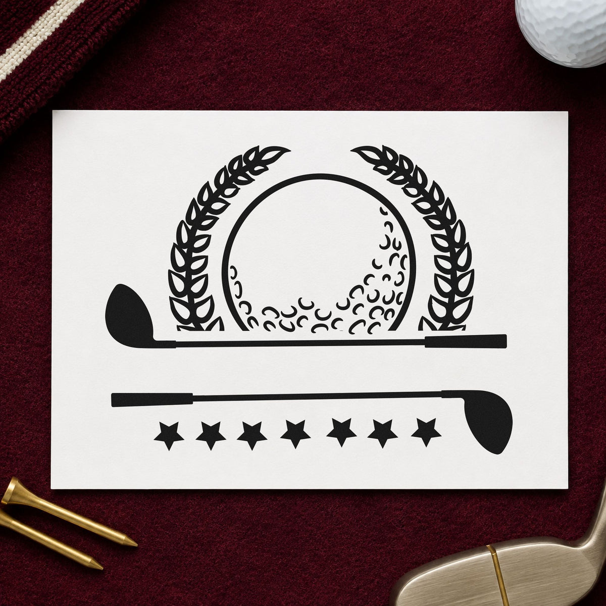 Golf Laurel Stars Banner rubber stamp printed in black ink, ready for match score sheet and similar paper crafts.