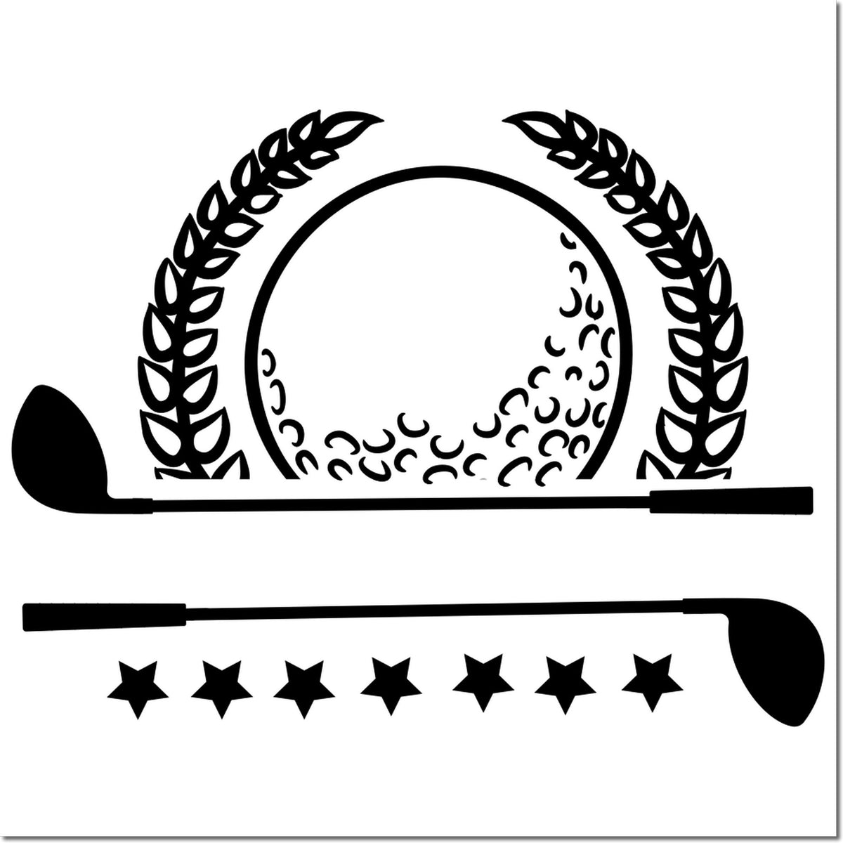 Black stamp and seal set with golf club, laurel wreath, and stars on a white background.