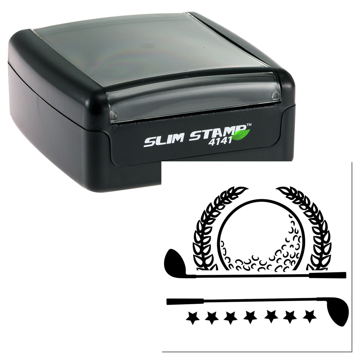 Black Slim Stamp self-inking seal with gray cap, laurel wreath and stars, for custom stamp design.