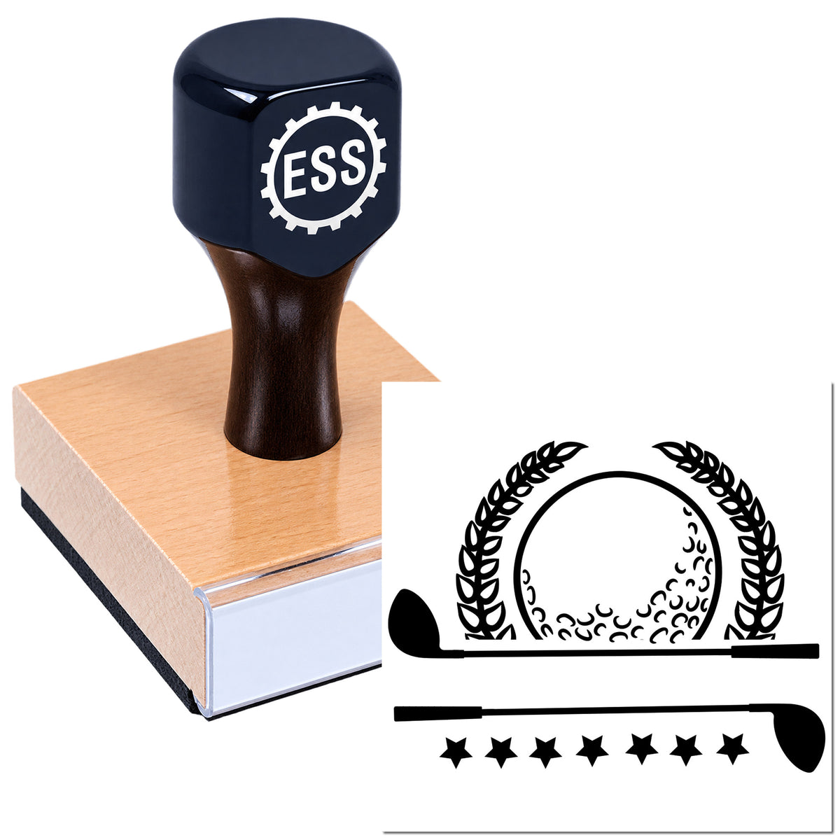 Dark navy ESS rubber stamp on wooden block with pink base, plus black seal designs with laurel and stars.