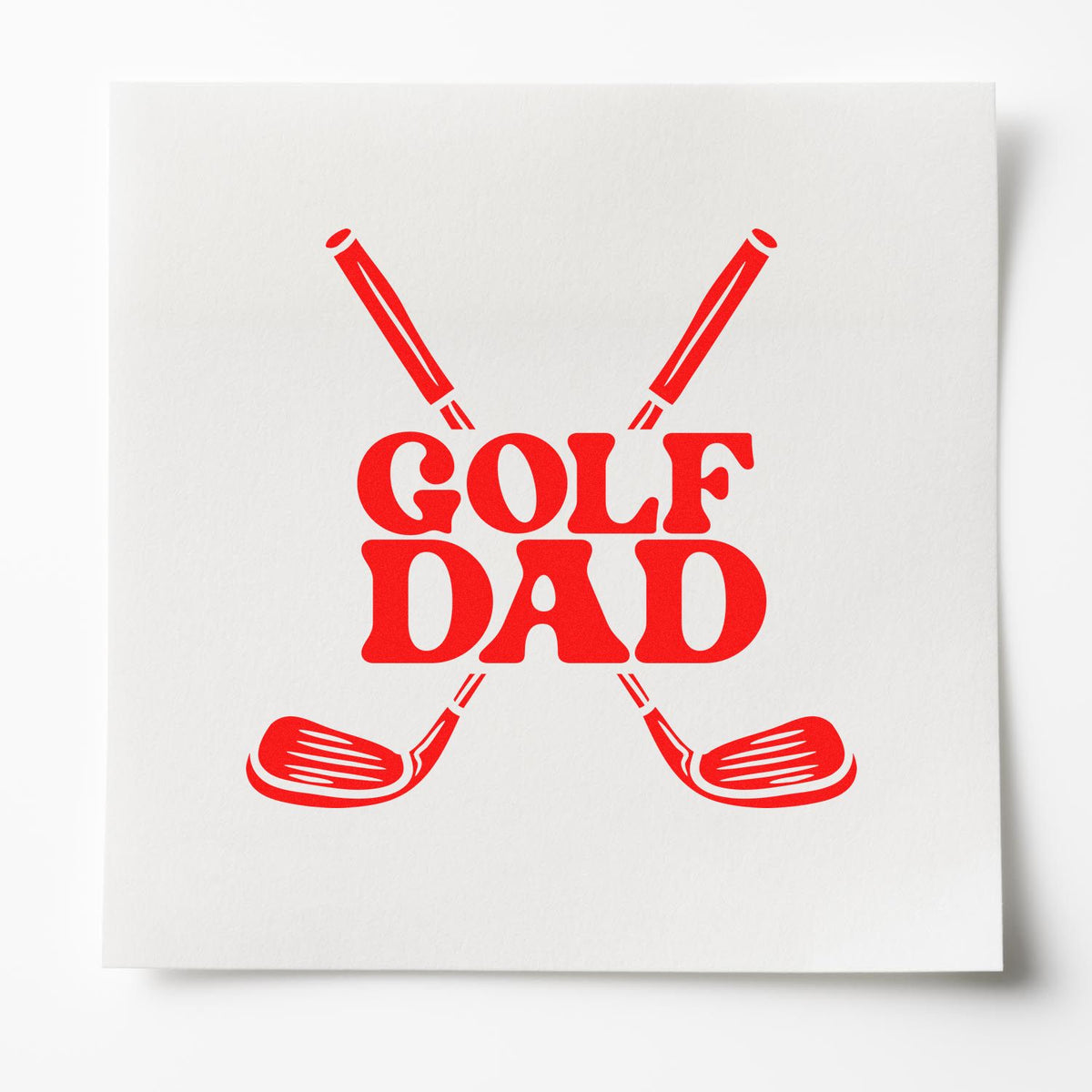 Red Golf Dad stamp and seal design with crossed golf clubs on a white background.