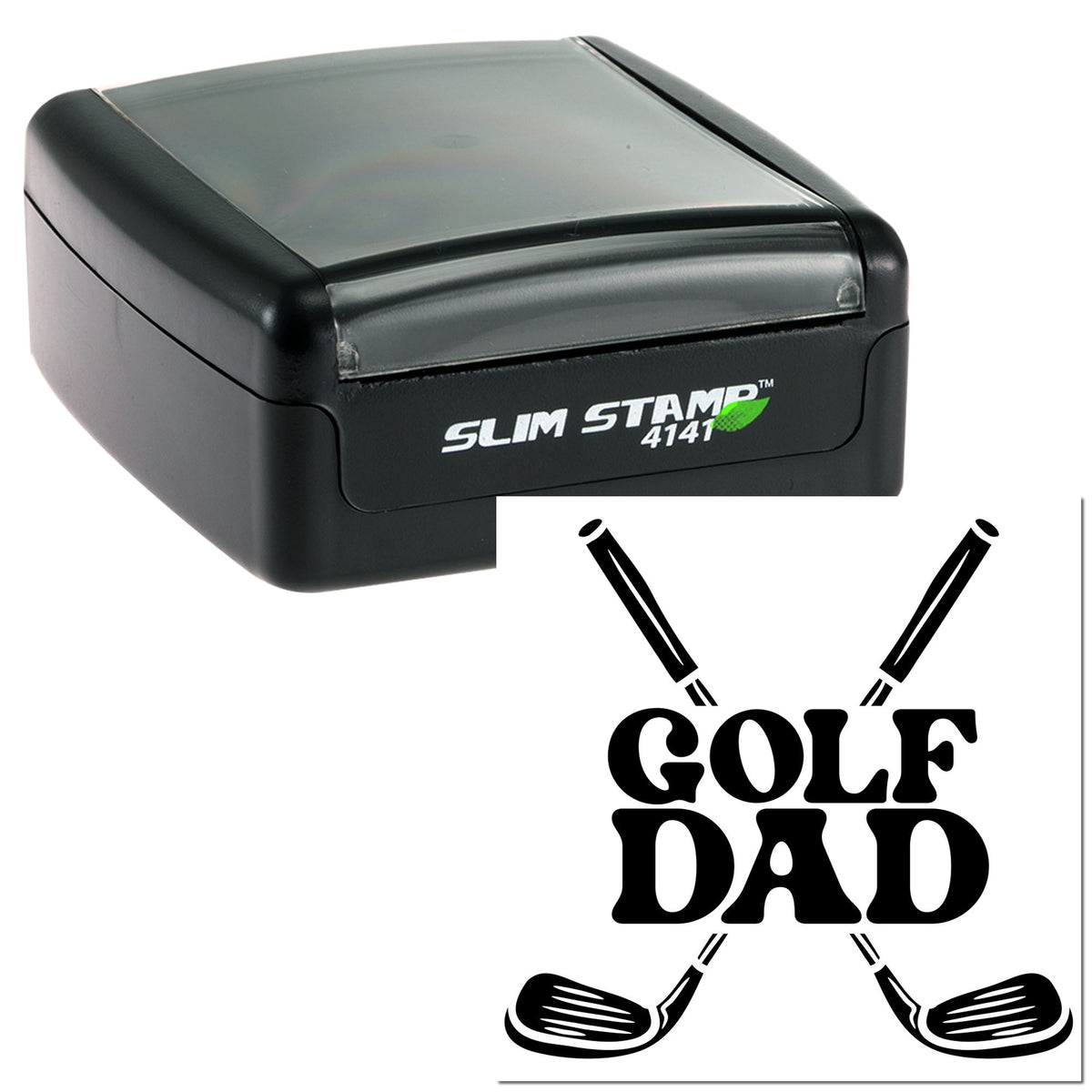 Black Slim Stamp 4141 self-inking stamp with translucent gray top and Golf Dad seal logo featuring crossed golf clubs.