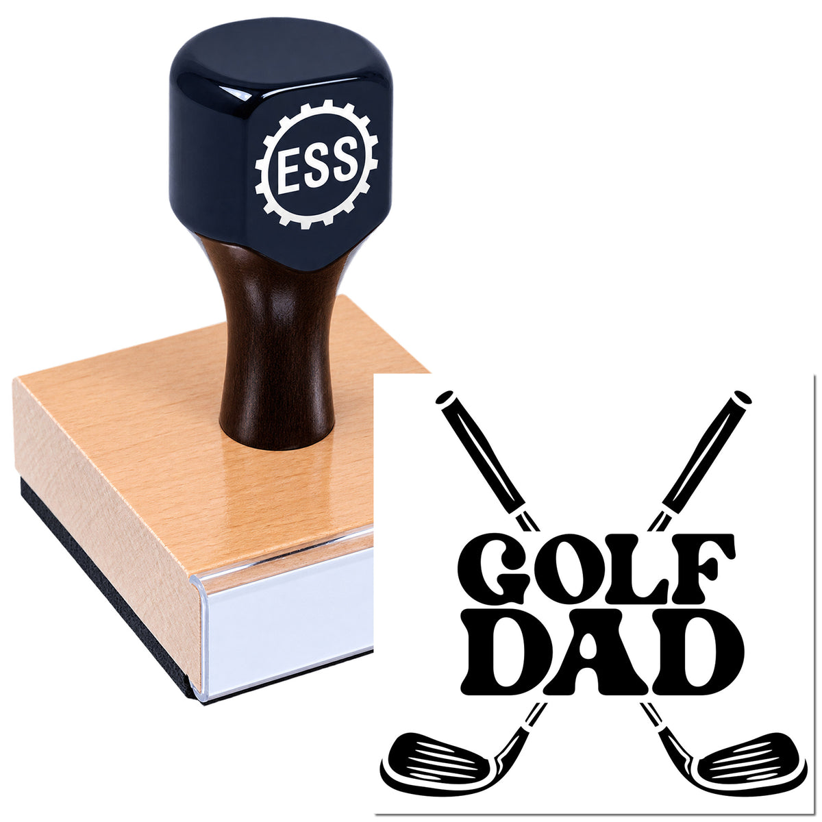 Black custom stamp and seal on wood block with ESS logo and "GOLF DAD" design with crossed golf clubs.