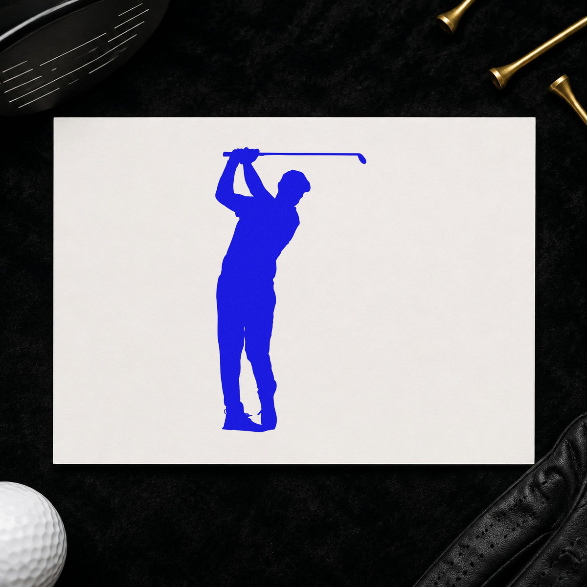Golfer Overhead Swing Silhouette craft stamp in blue ink on cardstock, an easy option for bag towel printing.