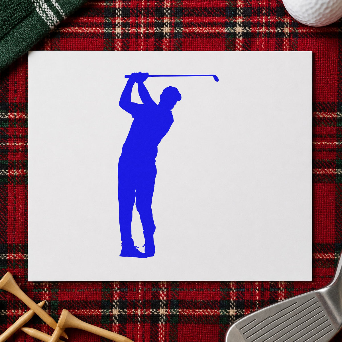 Golfer Overhead Swing Silhouette craft stamp imprinted in blue ink on paper, a design suited to framed club porch.