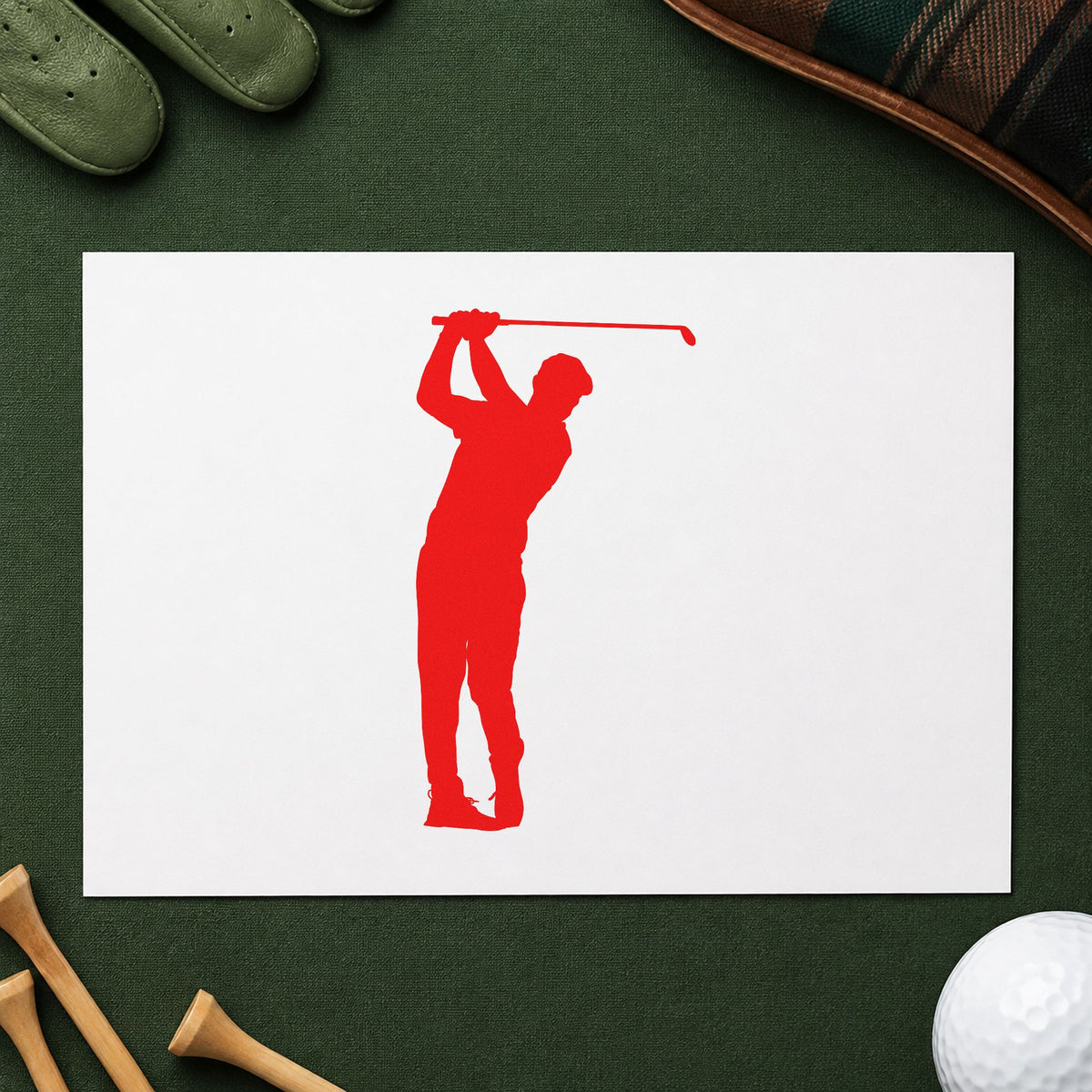Golfer Overhead Swing Silhouette craft stamp imprint in red ink on a handmade project, one idea being pairing slip cards.