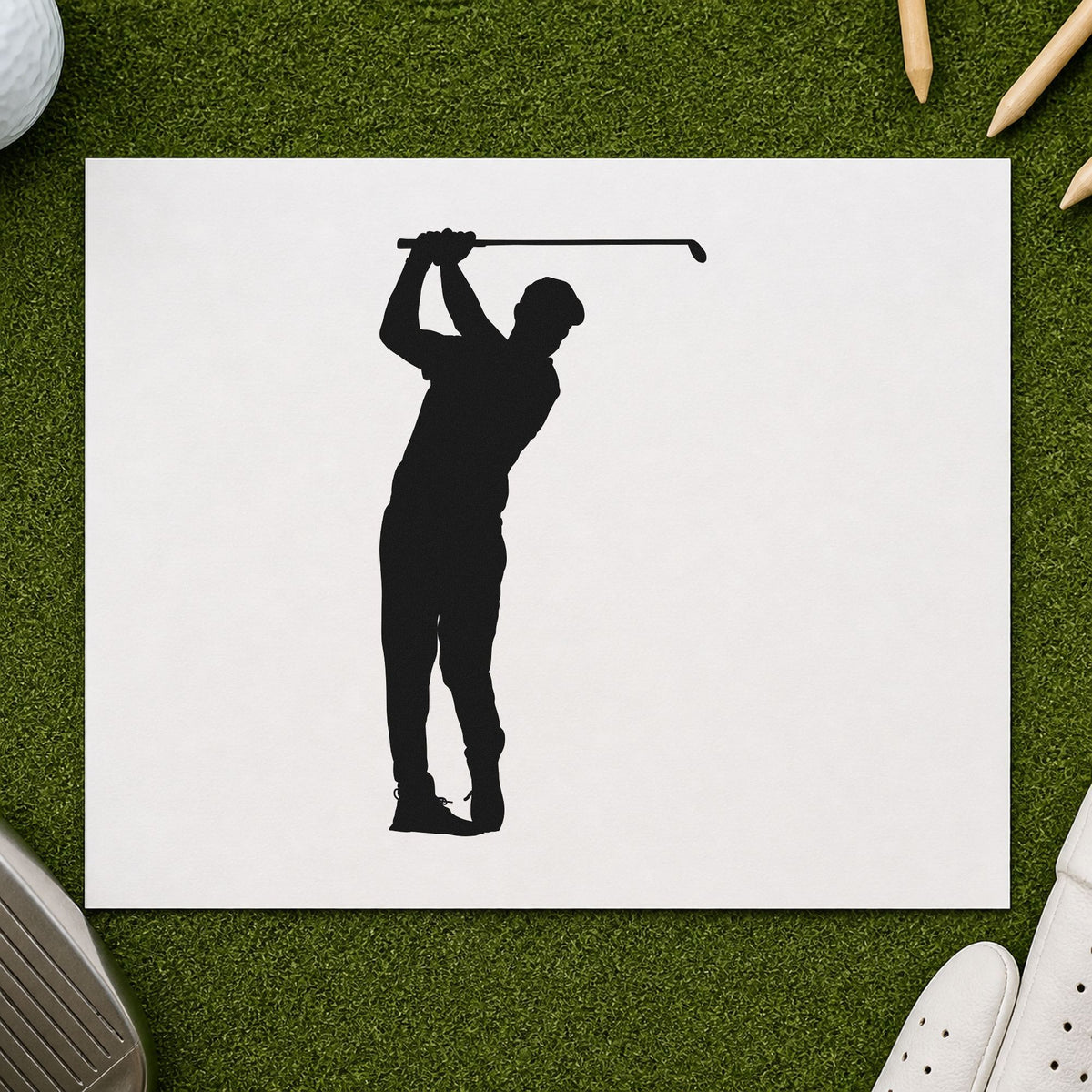 Golfer Overhead Swing Silhouette rubber stamp printed in black ink, ready for overhead club cards and similar paper crafts.