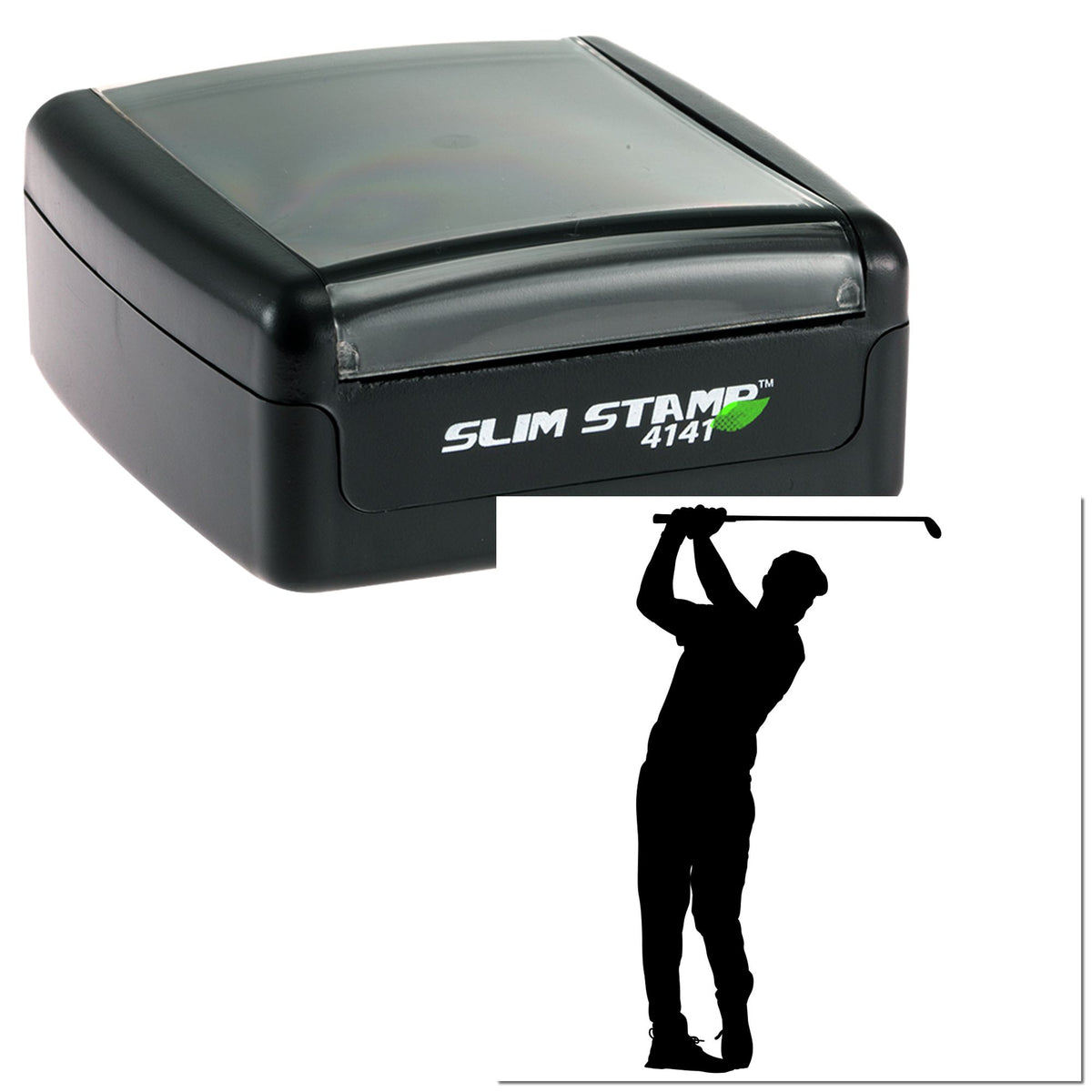 Black Slim Stamp 4141 self-inking stamp and golfer silhouette seal design on white background.