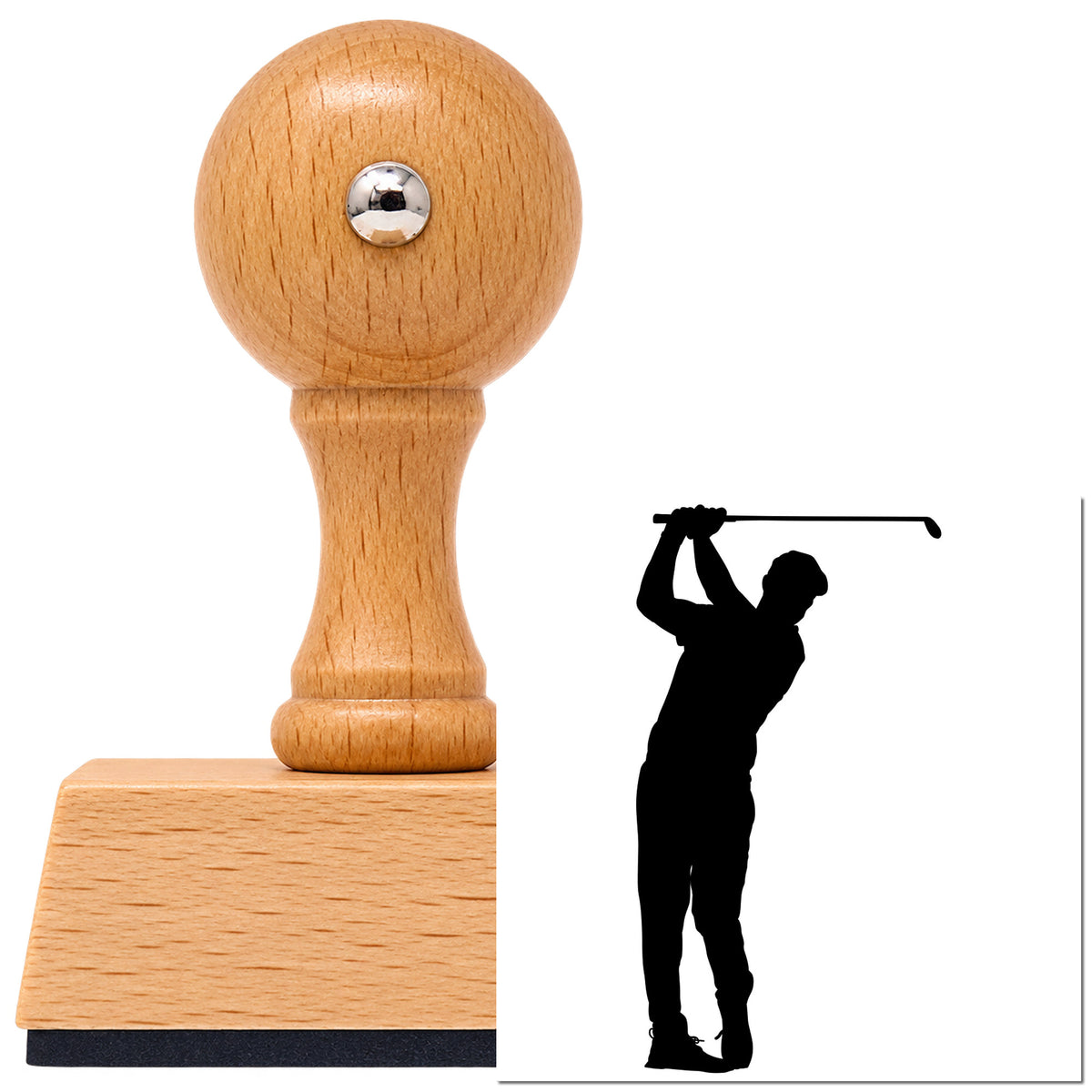 Vintage Pro beech wood stamp with a round knob handle, shown with its black Golfer Overhead Swing Silhouette imprint on white.