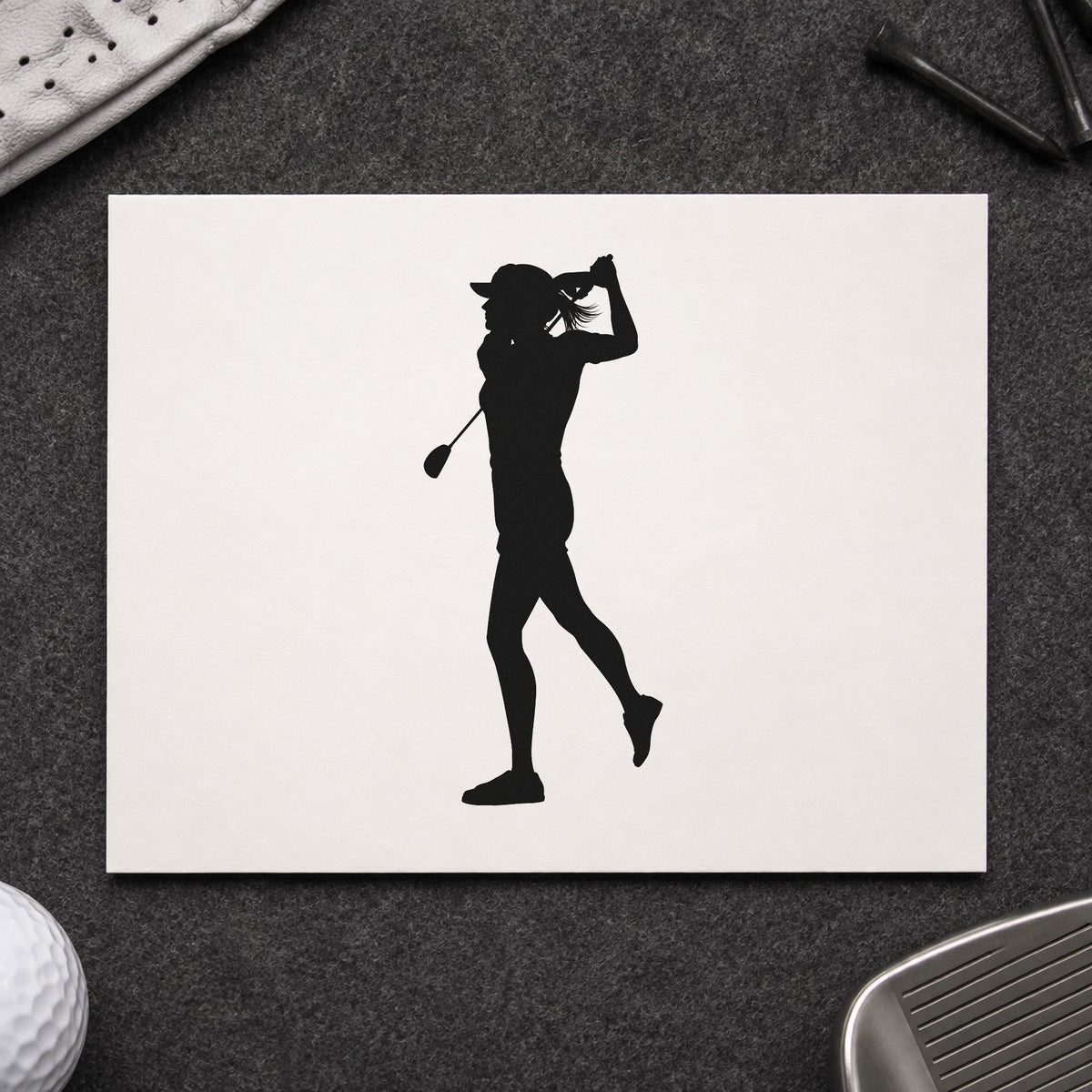 Golfer Follow Through Silhouette craft stamp in black ink on cardstock, an easy option for college album page.