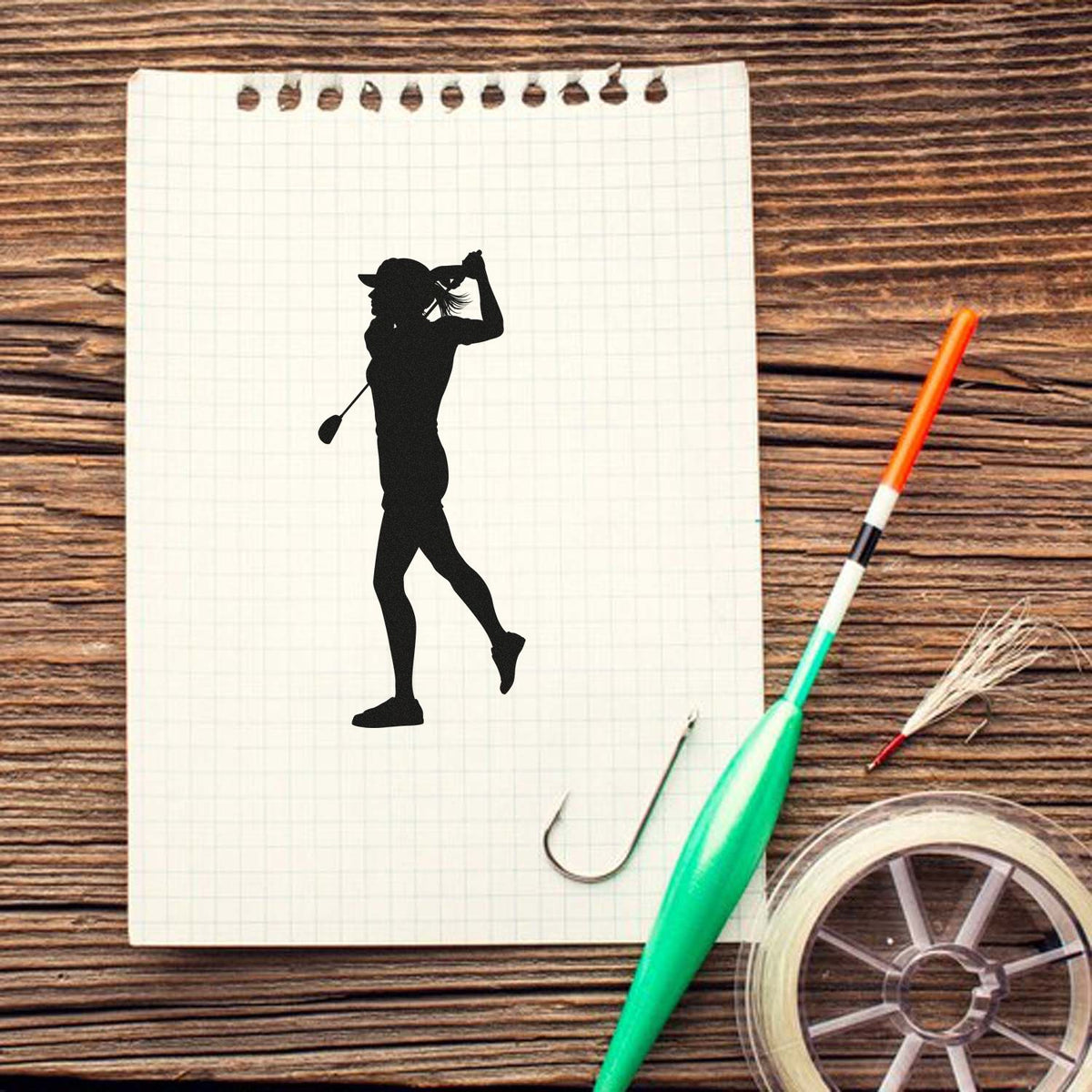 Golf Follow-Through Bent Leg Pose Premium Wooden Stamp - Vintage Pro imprint stamped in black ink. A golfer silhouette follows through with one leg bent and the club behind the shoulders.