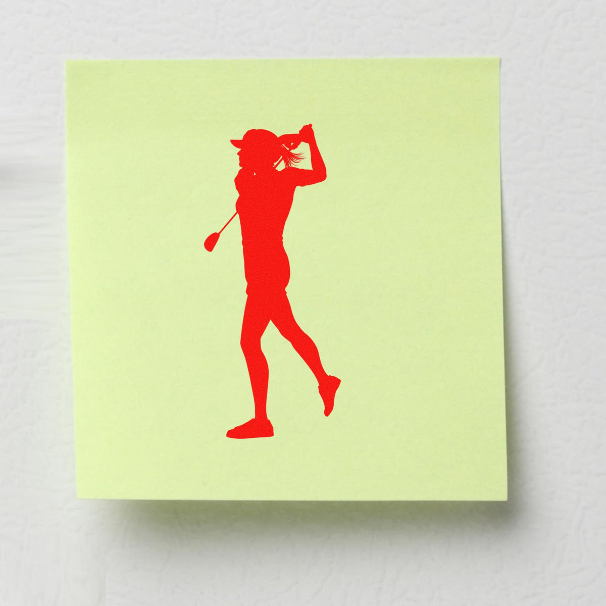Golfer Follow Through Silhouette rubber stamp shown in red ink, stamped for projects such as college album page.