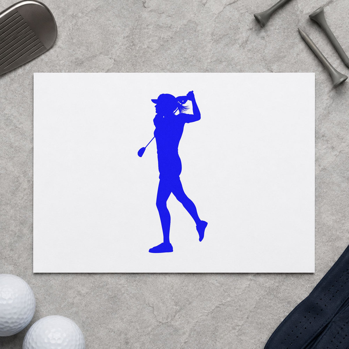 Golfer Follow Through Silhouette craft stamp in blue ink on cardstock, an easy option for head cover printing.